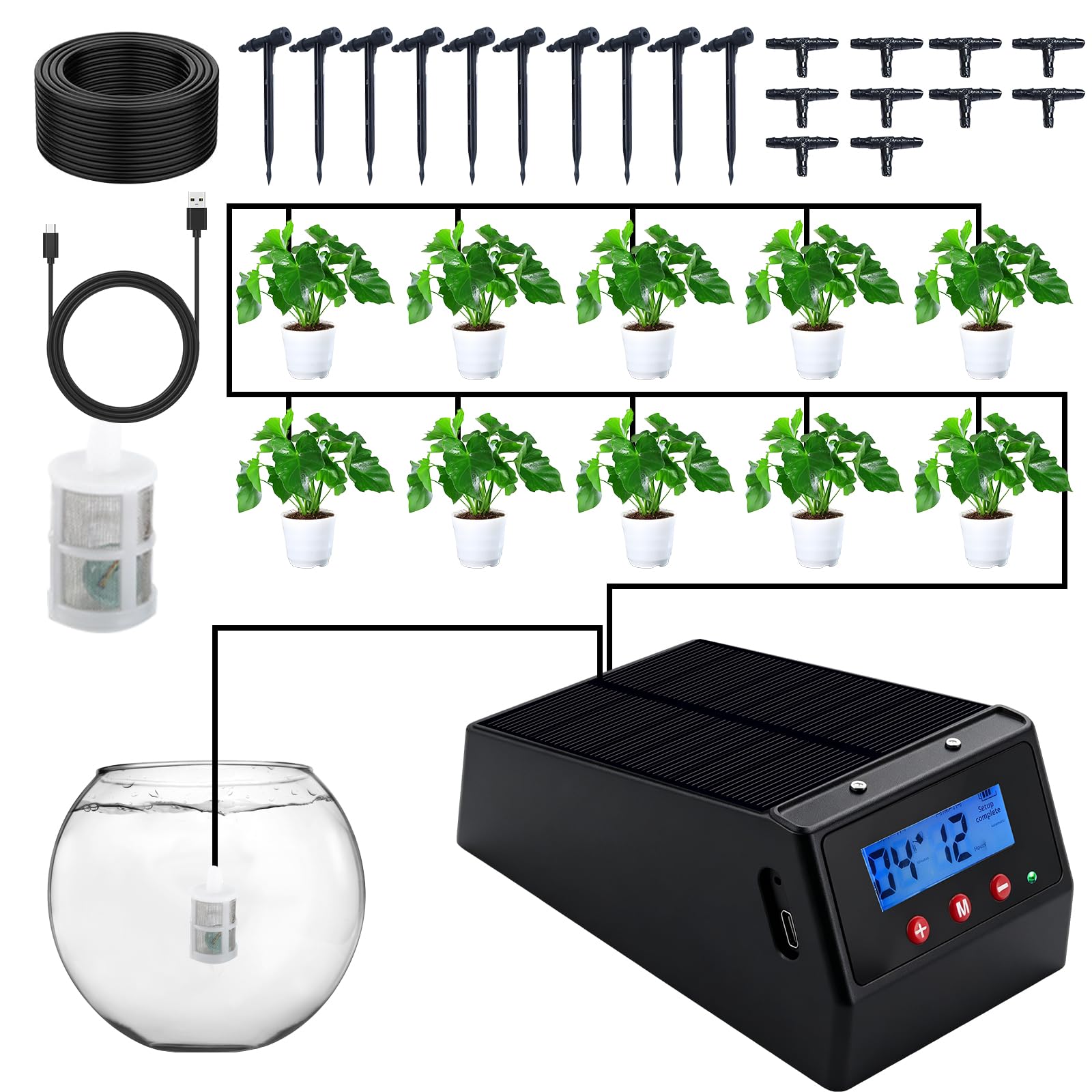 OBEST Kit de Sistema de Riego Solar con 10 Goteros y 10m de Manguera | Modos de Riego Automático, Riego Autónomo para Balcones, Jardines y Plantas en Maceta, Ideal para Vacaciones y Viajes Cortos
