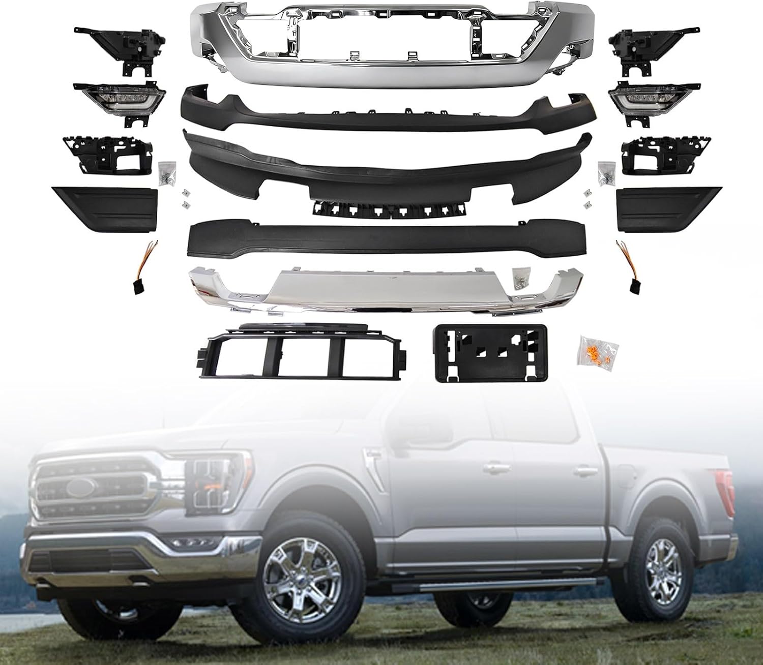 Front Bumper Kit Chrome W/Fog Lights W/o Sensor Holes Fit For 2021-2023 Ford F-150