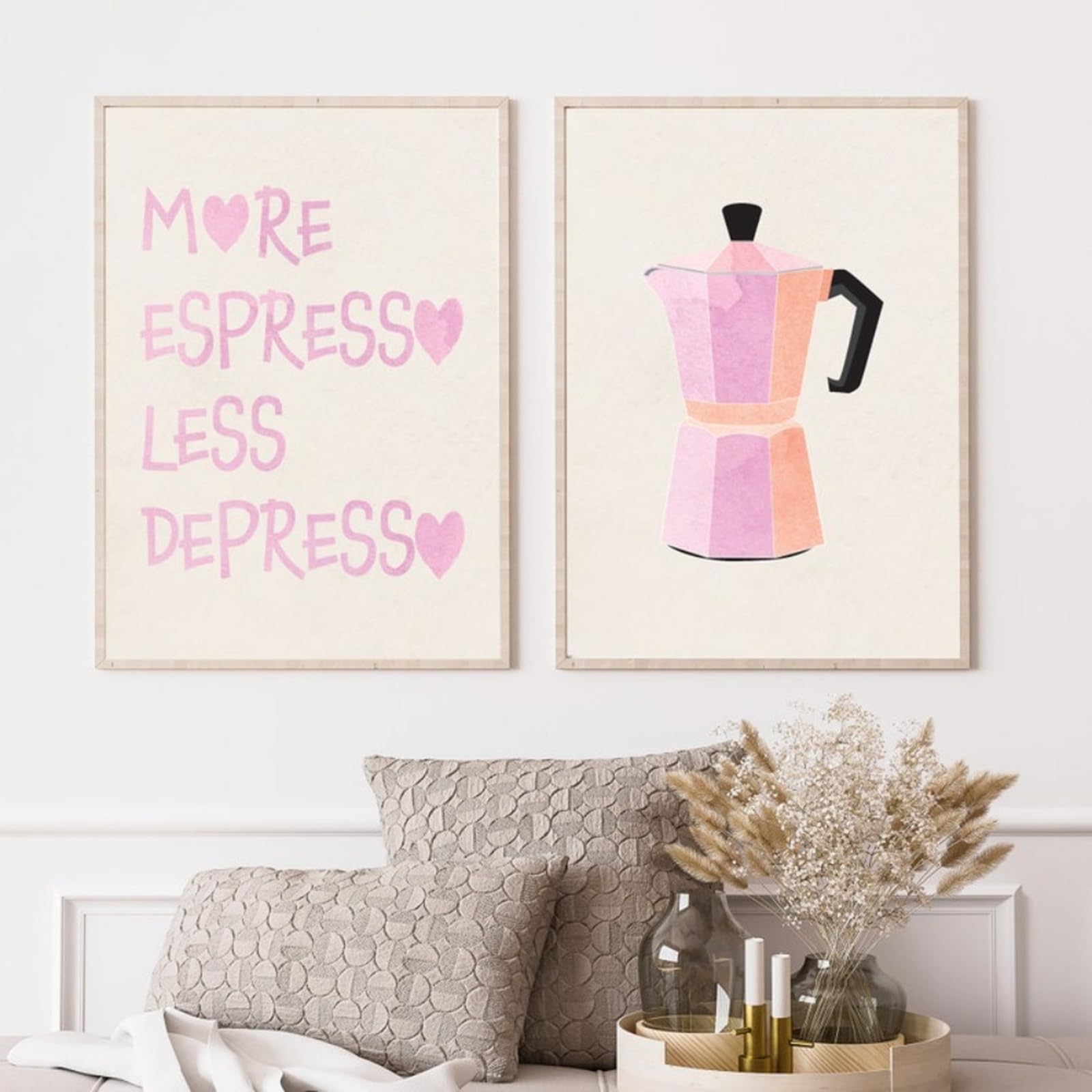 Zbello 1 Set Of 2 Posters, Pink Canvas Prints Featuring Coffee Themed Lettering, Modern Stylish Kitchen Posters,Aesthetic Wall Art For Bedrooms, Living Rooms And Bathrooms, Unframed (40X50cm)