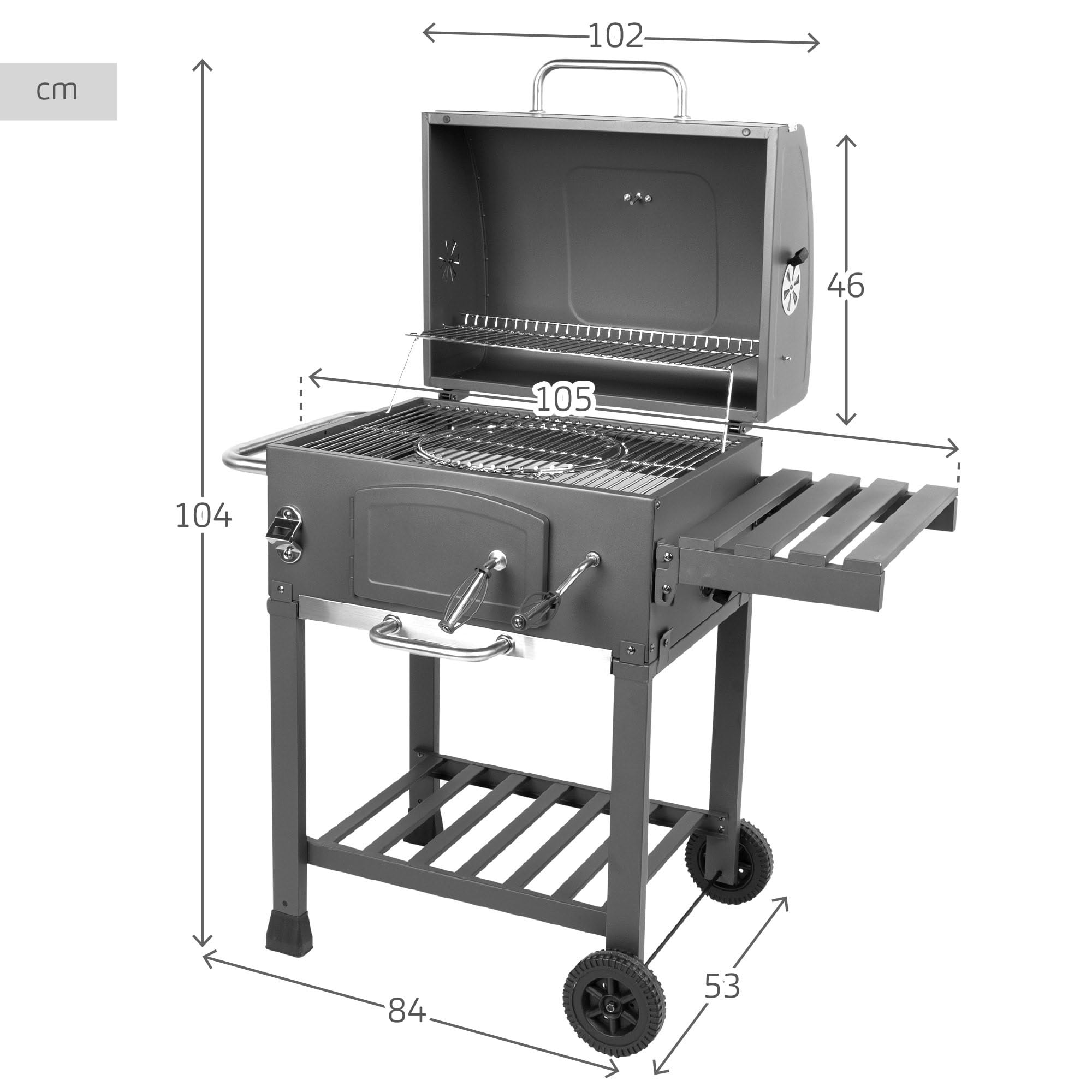 Aktive Ahumador barbacoa carbón portátil, De acero, Termómetro, Mesa lateral plegable, Estante almacenaje, Abridor botellas, Ruedas grandes, Parrilla, Barbacoas de carbon, Bbq, Cocina exterior (63109)