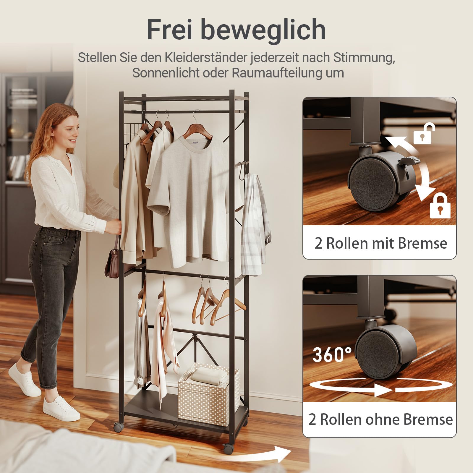 SoBuy Klappbarer Kleiderständer Schmal auf Rollen, 60,5x32,5x175cm | mit Schuhablage, Haken & Gepäckständer für Schlafzimmer Flur Wäscheraum, werkzeugfreie Montage, Schwarz, KLS21-SCH
