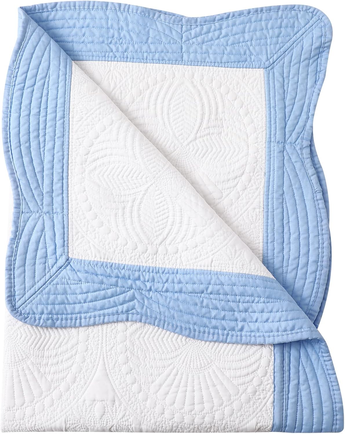 MONOBLANKS Baby Quilt Personlized Monogram Lightweight Embossed Scalloped Throw Blanket Four Seasons (White-Blue Trim)