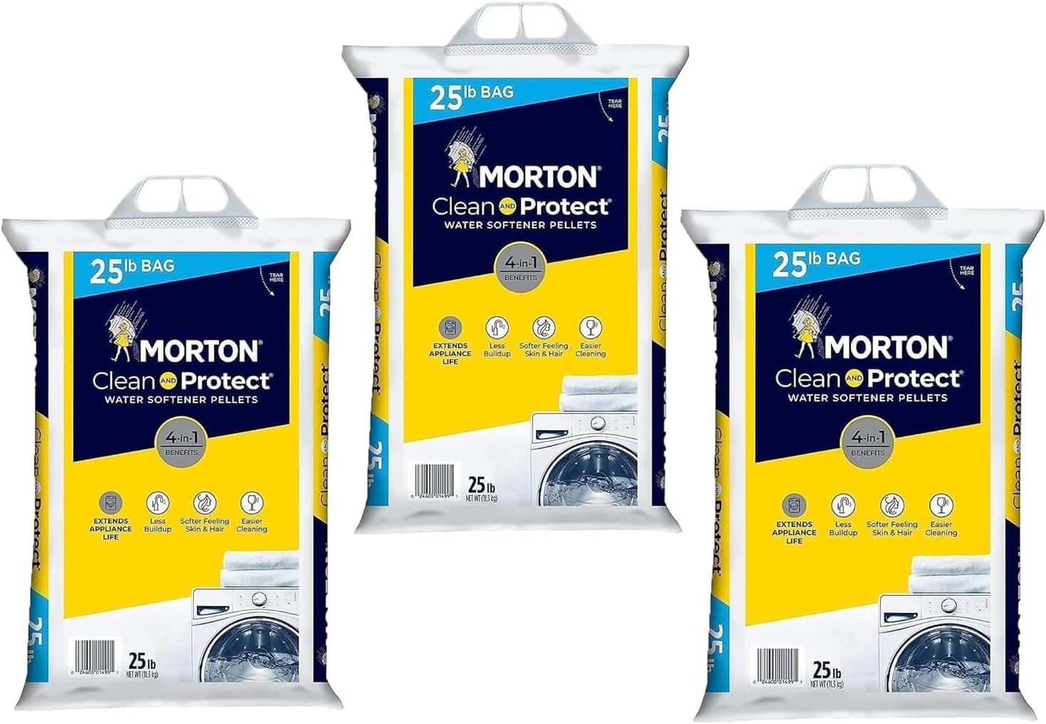 Morton Clean and Protect Water Softener Salt (3Pack) - 25lb Bags, Easy-Carry, Senior-Friendly, Lightweight