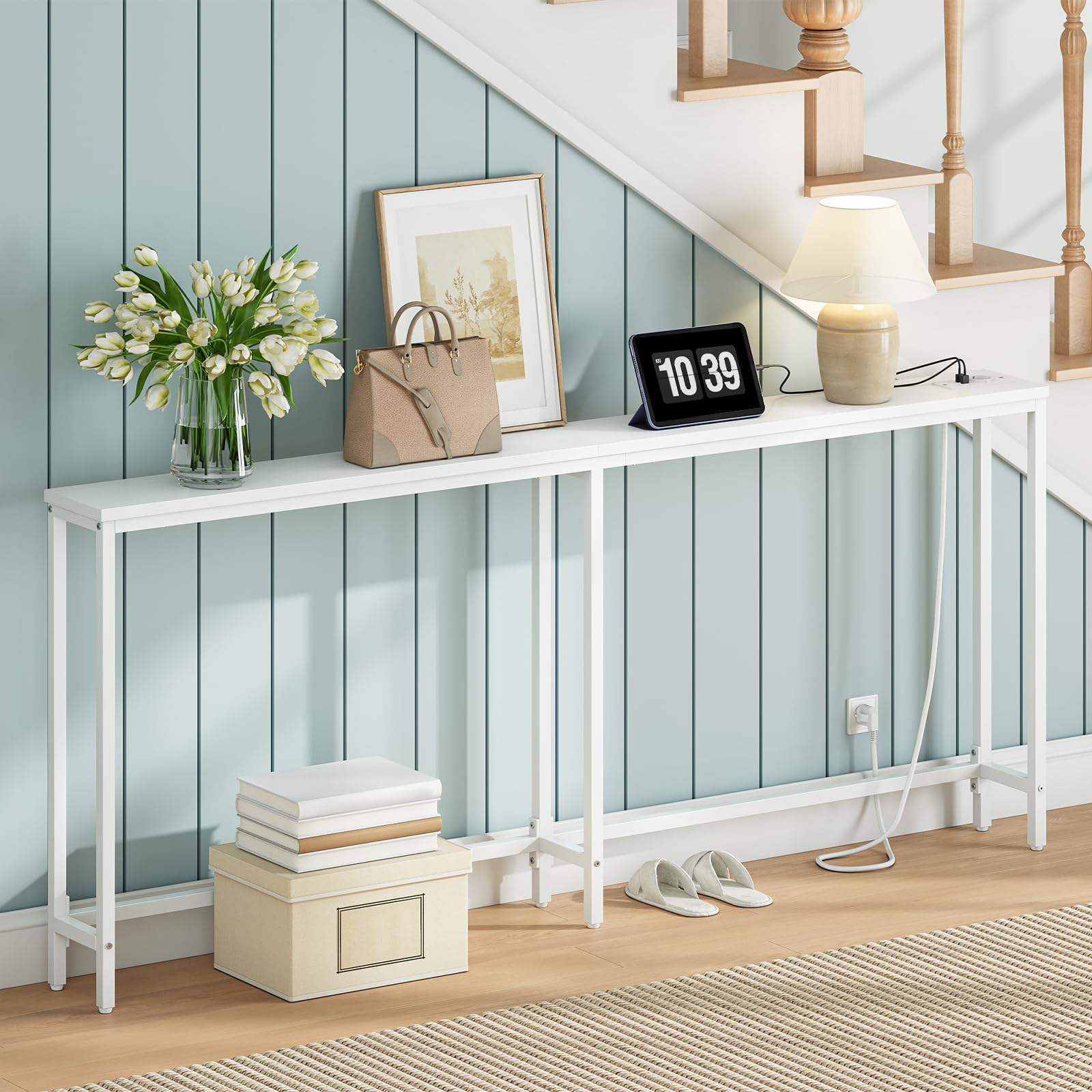 HOOBRO Console Meuble avec multiprise, Table Console avec Station de Charge, Bout de Canapé étroit, Console derrière Le canapé, pour entrée, Couloir, Hall, Blanc EWT185CXG01