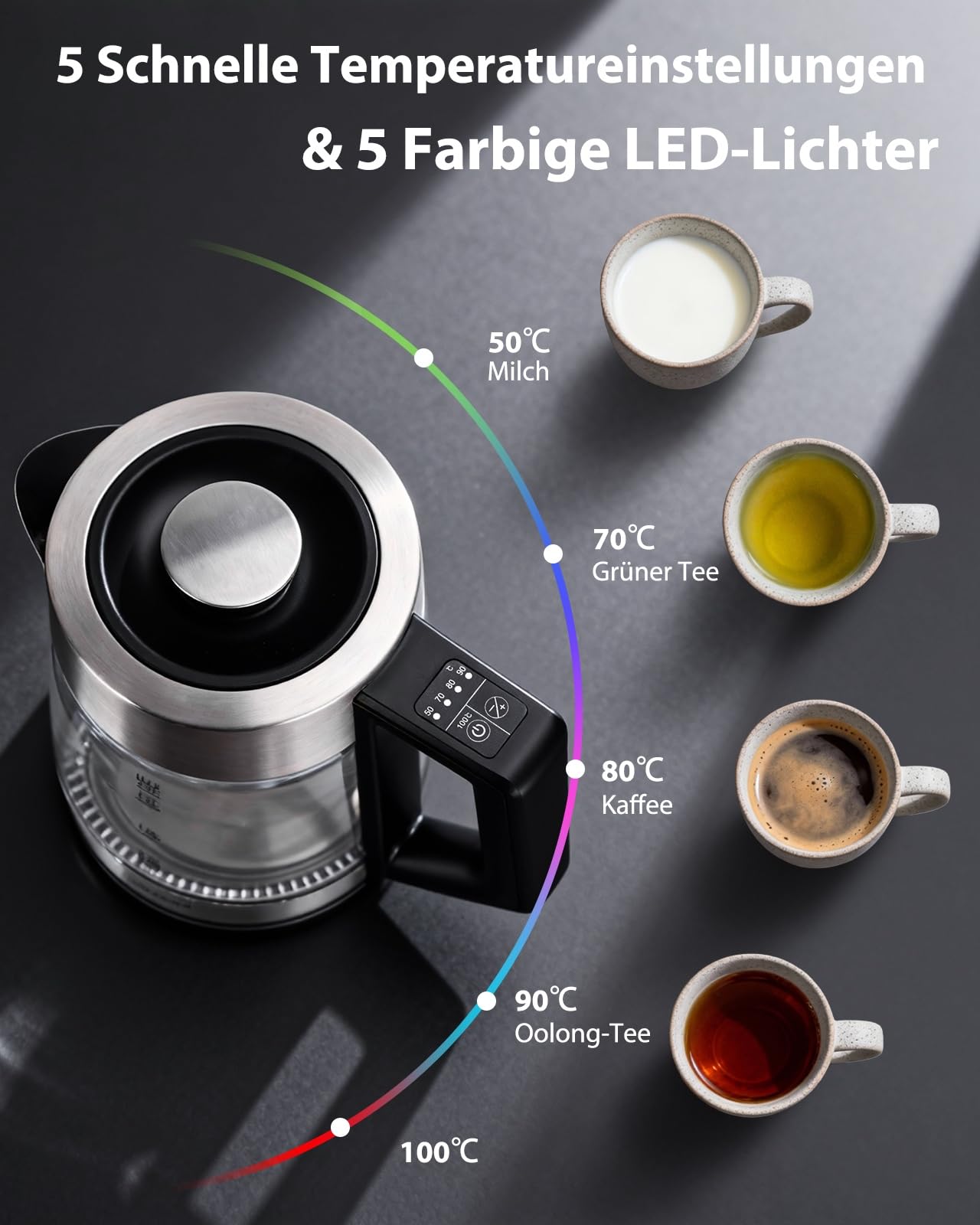 Aigostar Wasserkocher mit Temperatureinstellung, Edelstahl & Glas, BPA-frei | Keramikbeschichtung Kalkfrei Teemaschine, 1,7 Liter, 2200 Watt, Schnelles Kochen, Warmhaltefunktion, für Büro & Partys