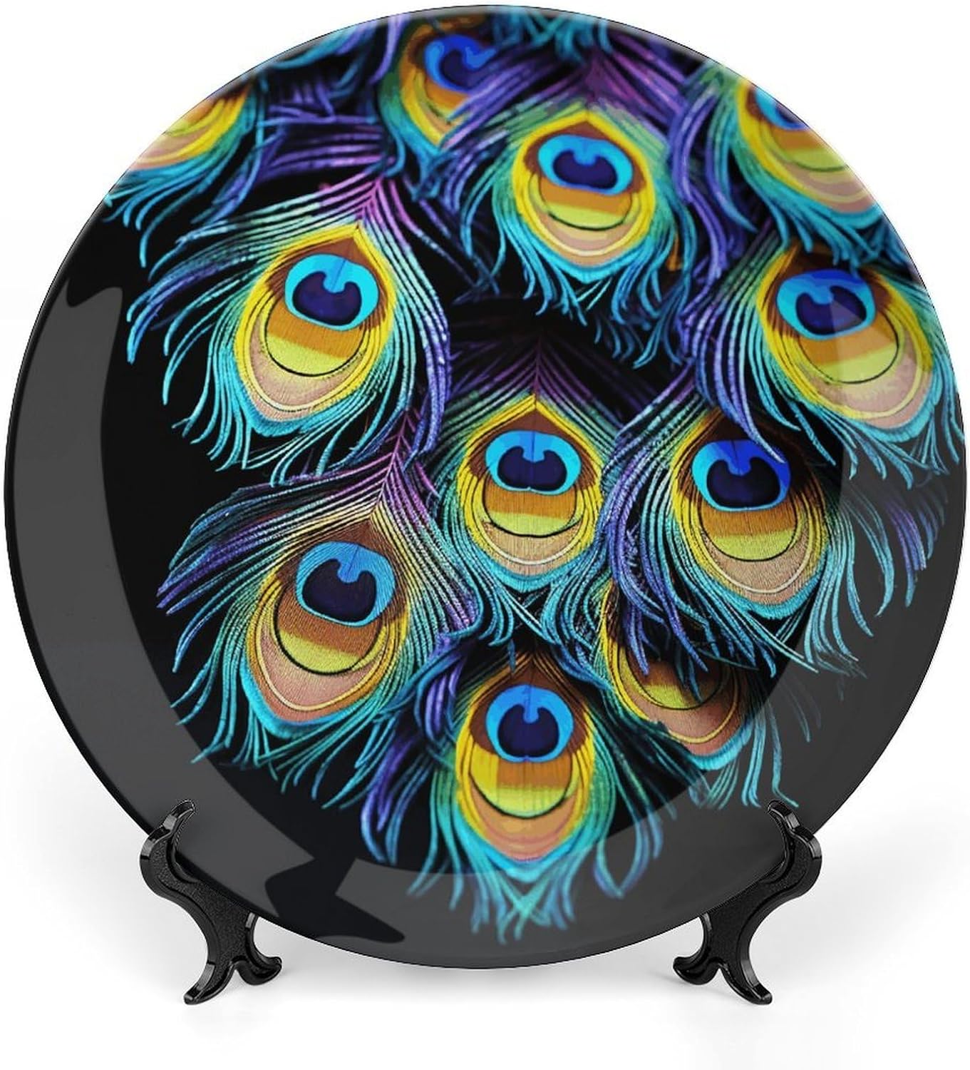 A Bunch of Peacock Feathers Ceramic Plate 10inch Decorative Bone China Wall Hanging Ornament Plates Bohemian Style Dinner Plate with Display Stand Cabinet Display Plates for Home Art Decor