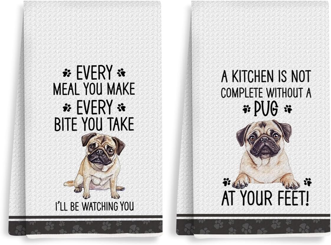 2Pcs Funny Dog Kitchen Towels 24x14 Inch, Cute Pug Waffle Weave Dish Towels for Kitchen Home Farmhouse, White Absorbent Microfiber Hand Tea Towel, Pug Gifts for Pug Lovers Women