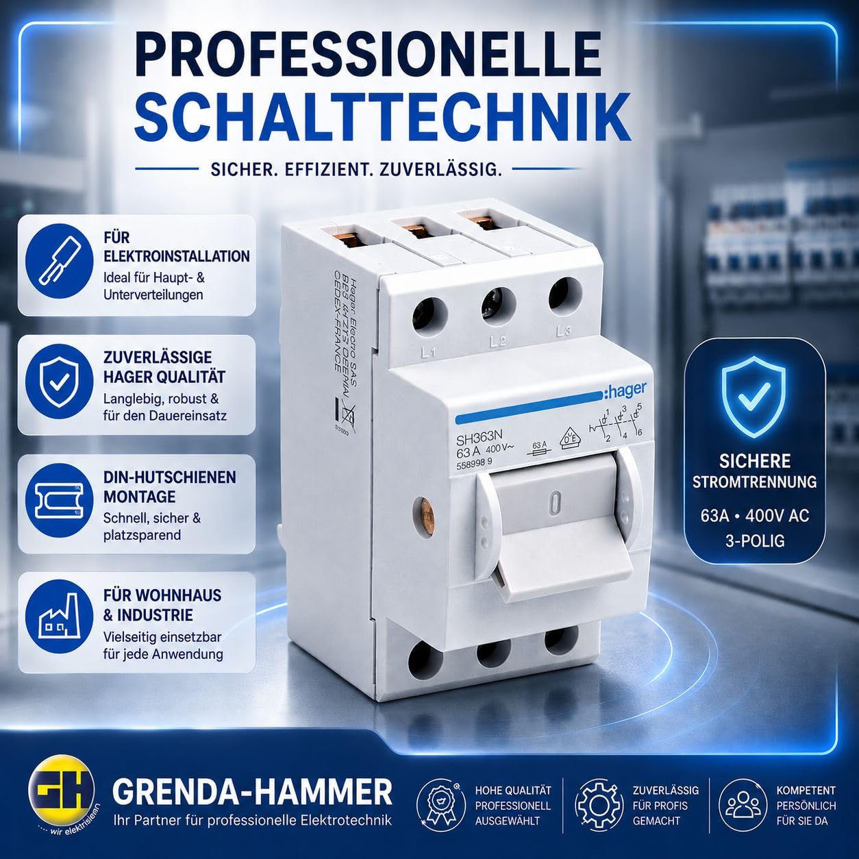 Hager SH363N Hauptschalter 63A 3-polig für Hutschiene, Ausschalter 400V AC, Kompaktschalter für Unterverteilung Hauptverteilung Schaltschrank DIN-Schiene 35mm 3x63 Ampere
