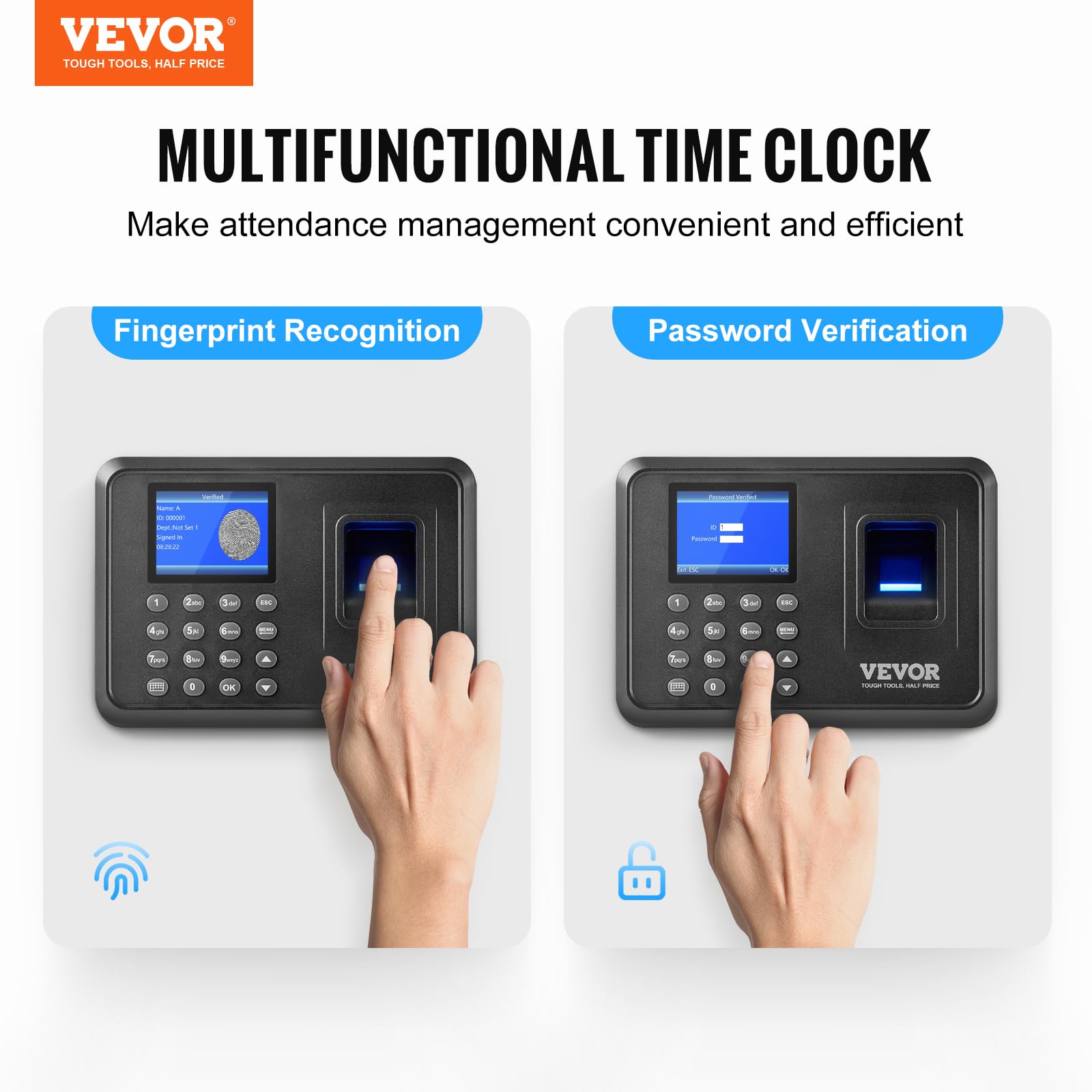 VEVOR Control Horario para Empleados Reloj de Fichar con Huella Dactilar y Entrada de Pin Reloj de Tiempo Biométrico Independiente Reloj de Registro de Tiempo 1000 Huellas Dactilares 12 Idiomas