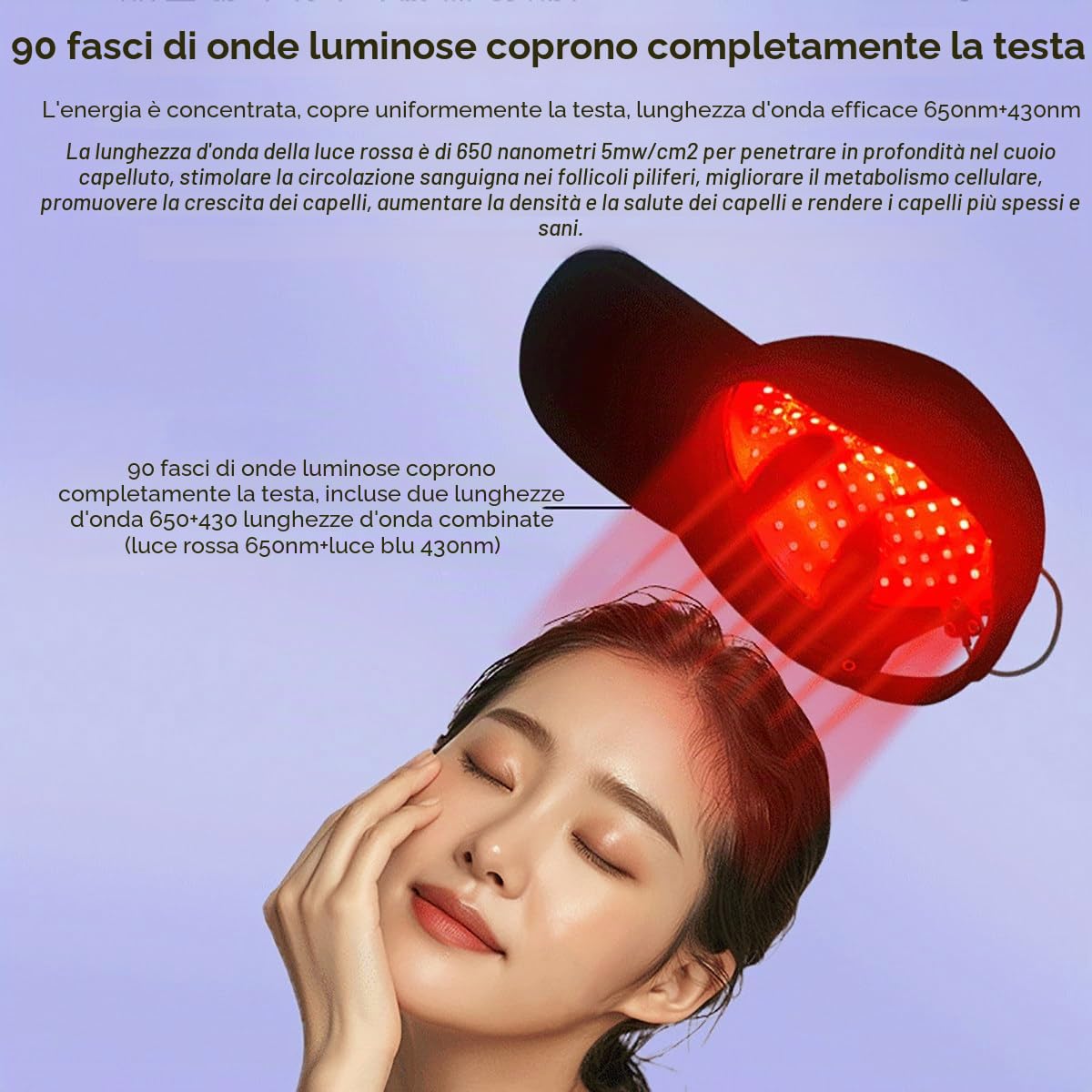 Casco per La Ricrescita dei Capelli, Lampada Da 90 Led Perline Luce Rossa E Blu Cappello Per Ricrescita Rapida Dei Capelli Per Perdita Di Capelli, Con Timer Da 15-30 Minuti