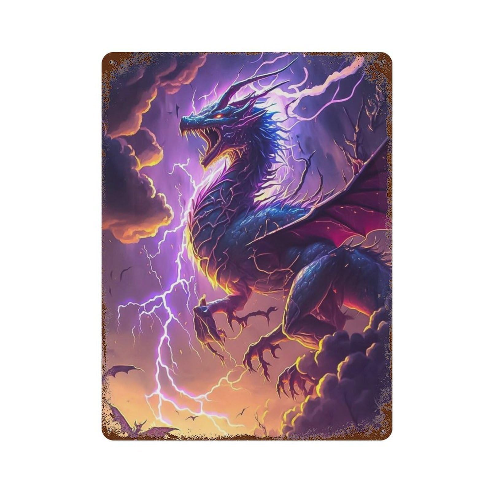 Thunder Dragon Fantasy Artwork Rustic Tin Plaque 15.7"x11.8", Classic Wall Plaque for Garage, Pub Or Kitchen