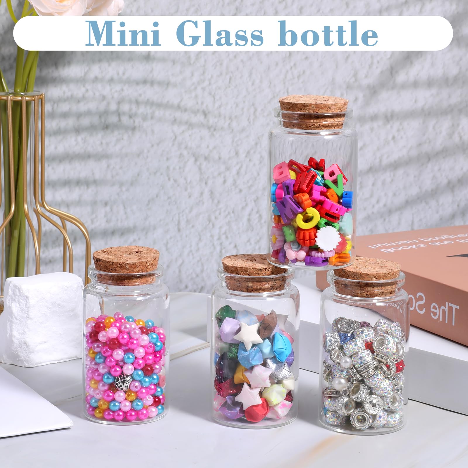 Acetiti 12 stuks 100 ml glazen mini-flessen met kurk, 47 x 85 mm, kleine flessen om te vullen, mini-glazen, wensfles, kruidenpotjes voor bruiloft, feest, cadeau, doe-het-zelf knutselen, decoratie