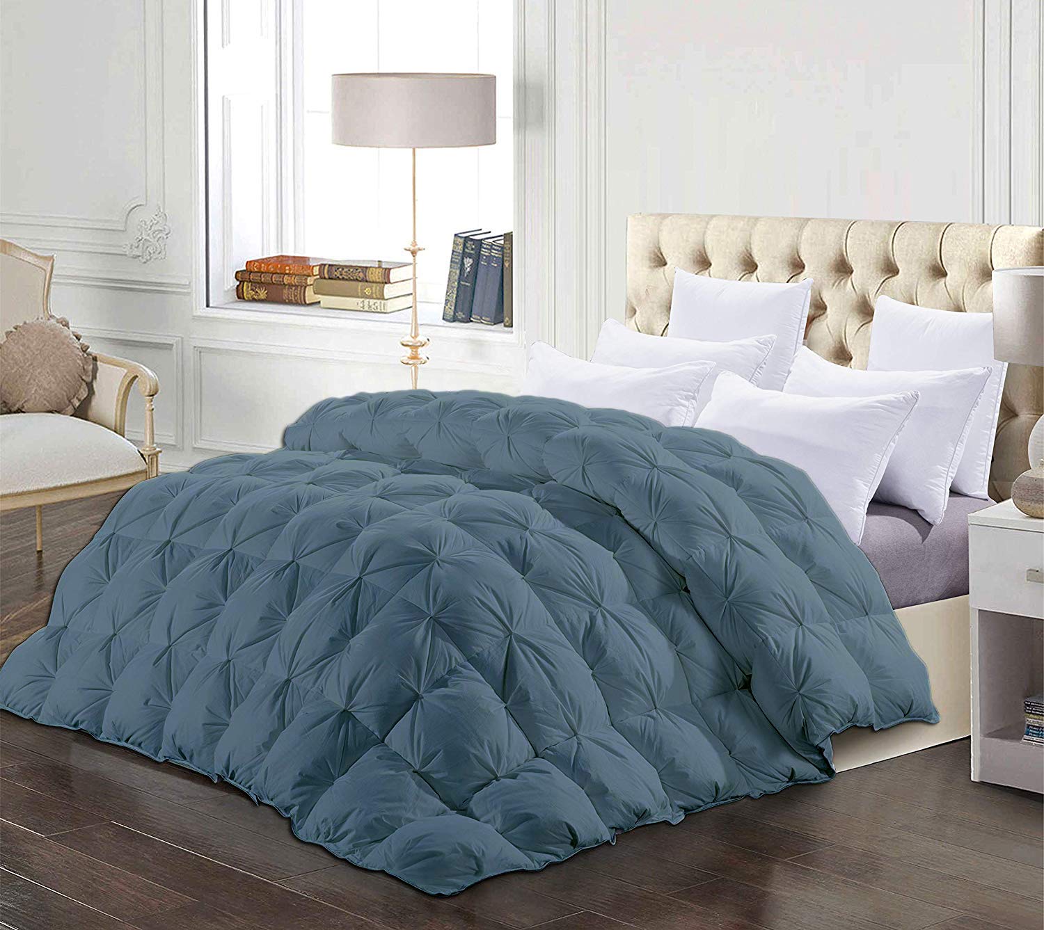 Saferay Green All-Season Luxury - Hotel Quality- Pintuck Style 100% Organic Cotton 1-Piece Pinch Pleat Comforter with 4 Corner Tabs, 500 GSM - Machine Washable (Steel Blue, Alaskan King 136