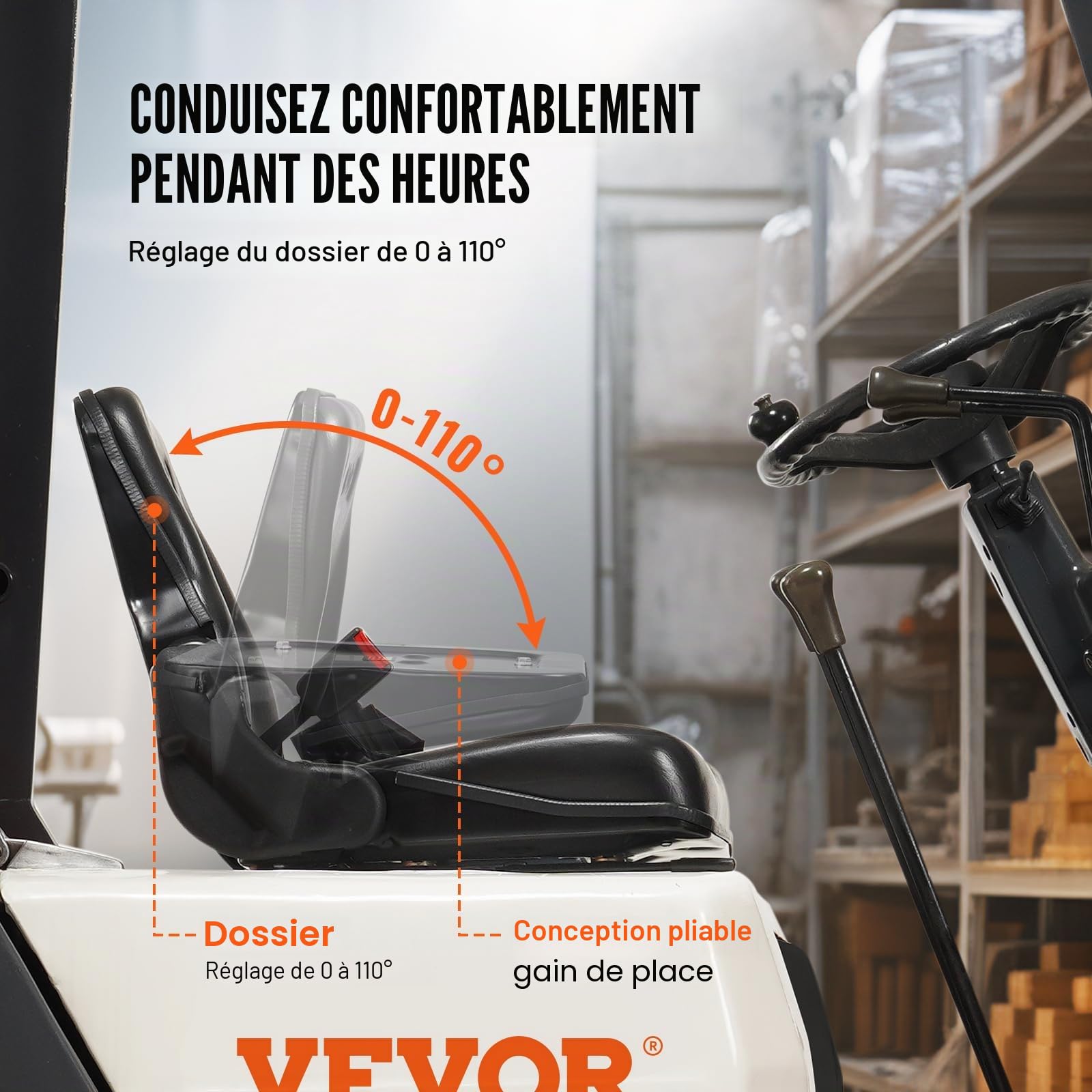 VEVOR Siège de Chariot Élévateur Universel Siège de Tracteur Rabattable Dossier à Angle Réglable Micro-interrupteur Ceinture de Sécurité Rétractable Fente Étendue 160-340 mm pour Chargeur Excavateur