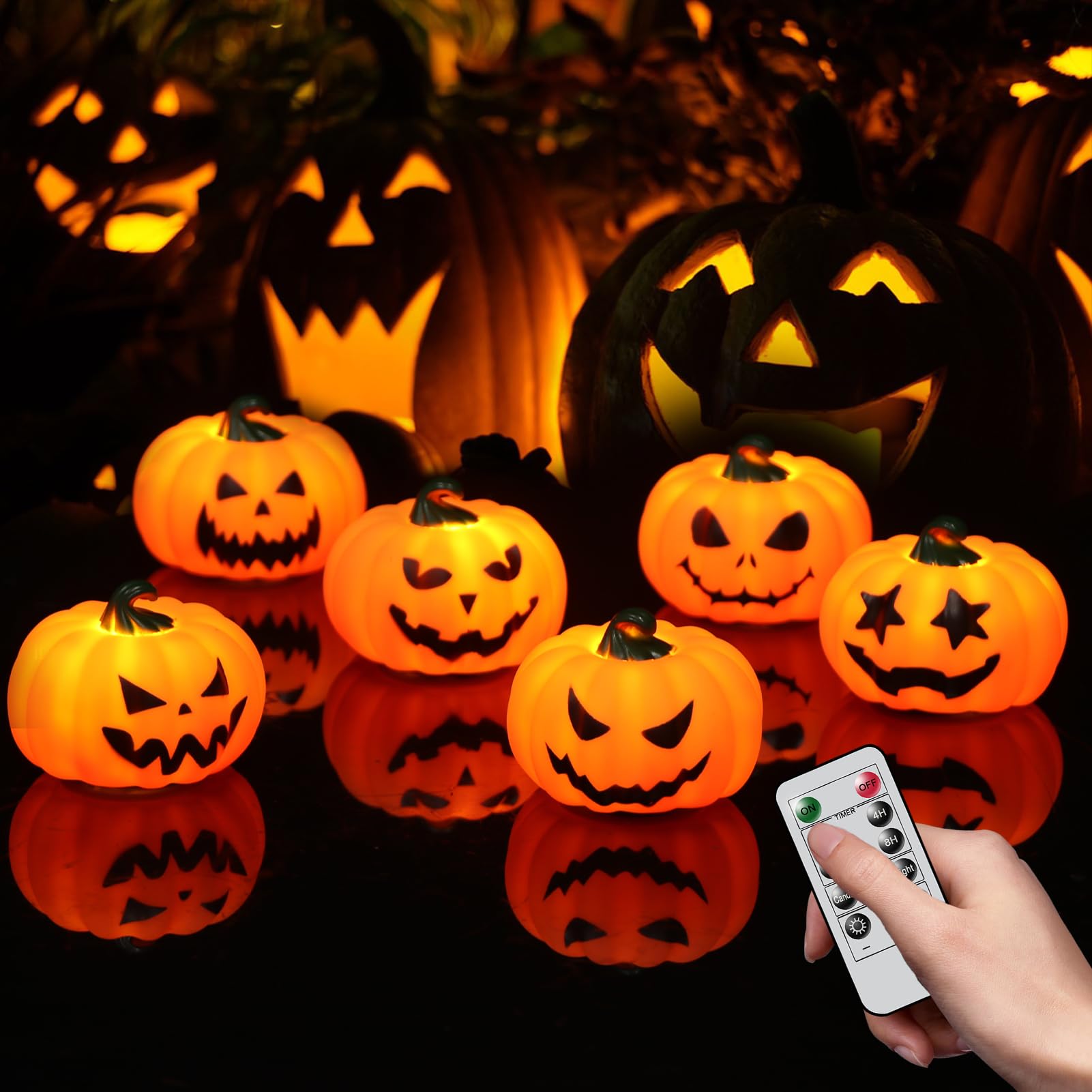 Candele senza fiamma a forma di zucca di Halloween, con telecomando e timer, a batteria, LED tremolanti, candele votive a forma di zucca, confezione da 6 candele autunnali con viso spettrale
