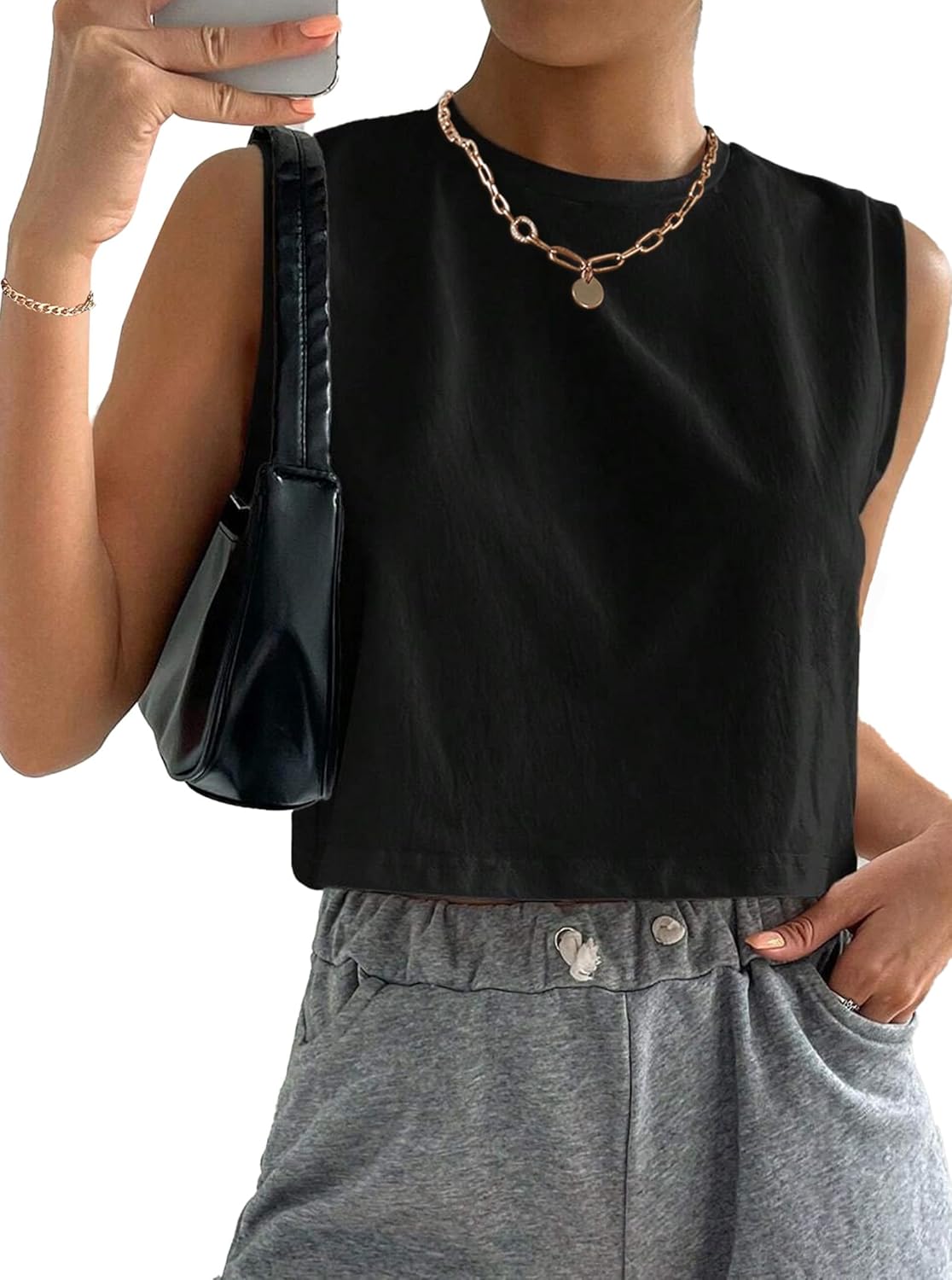 Hilinker Womens Crew Neck Loose Crop Tank Tops Workout Casual Sleeveless T-Shirt