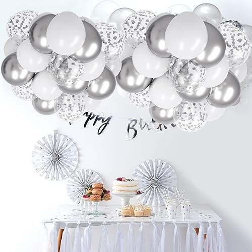 Miniatura 5 de RUBFAC Kit de globos de confeti blanco y plateado, 65 globos de fiesta cromados plateados metálicos de 12 pulgadas con cintas para cumpleaños,