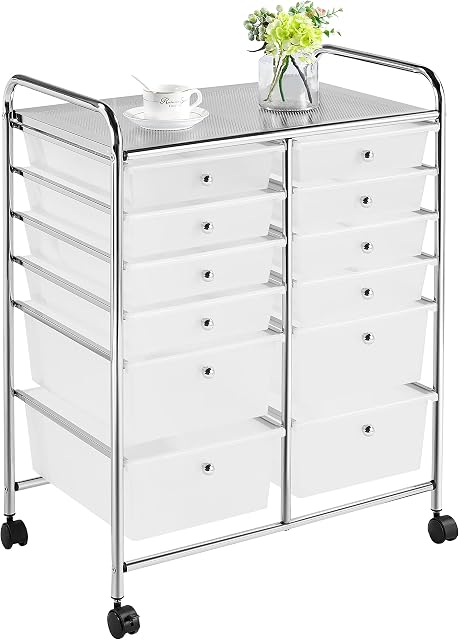 costoffs 12 Drawers Salon Trolley Plastic Storage Unit, Multipurpose Rolling Cart, for Home Office Stationery Organisation, Crafts, Make-up, Hairdressing, Beauty, Mobile Design, White