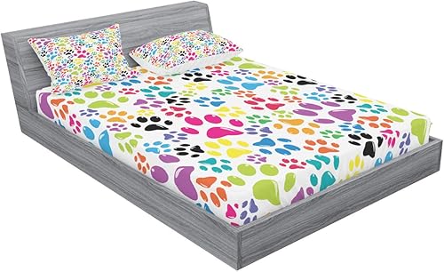 Miniatura 2 de Ambesonne Juego de sábanas bajeras y fundas de almohada para perro, coloridas patas pequeñas, pasos infantiles, diseño de huellas inusuales, diseño