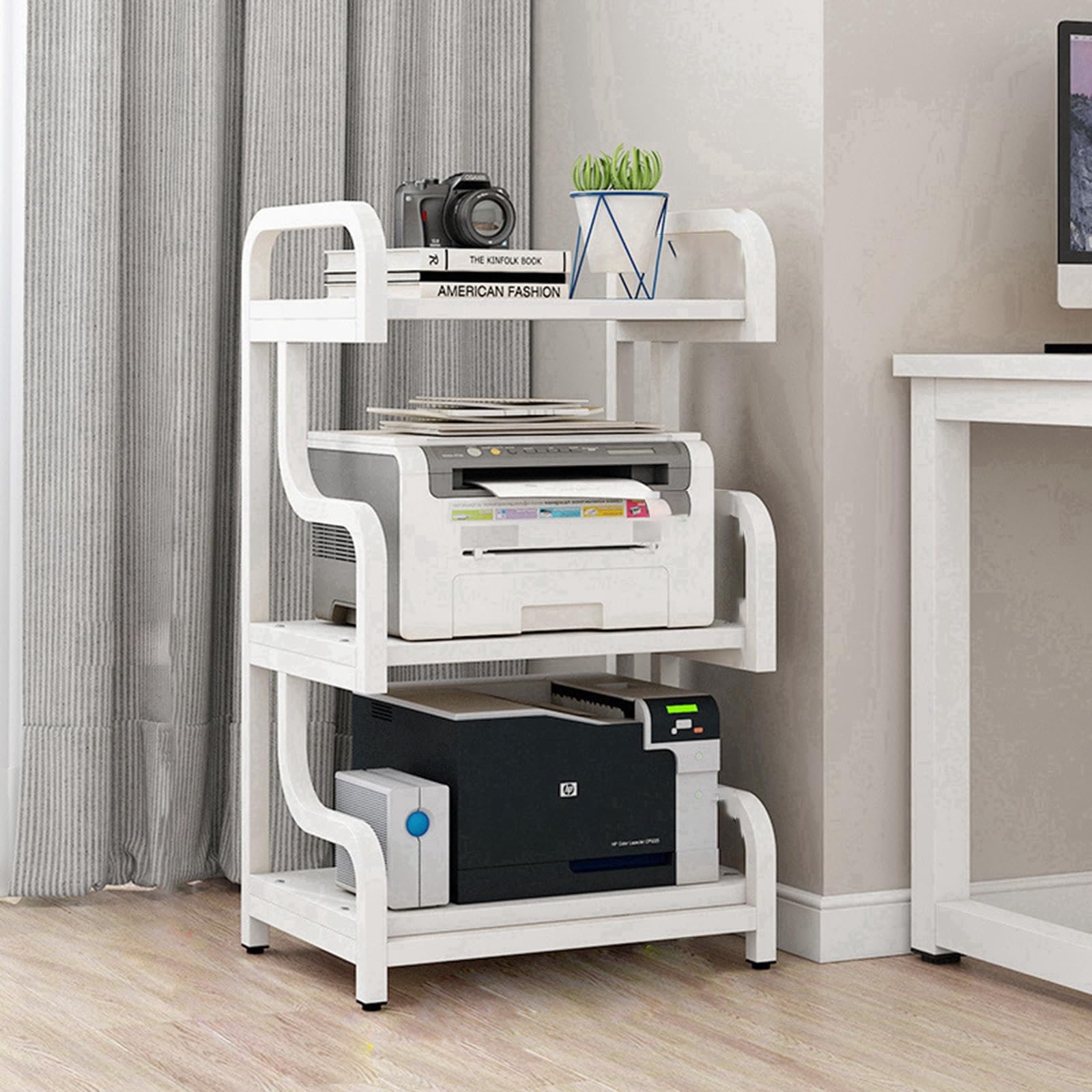 3-warstwowy odtwarzacz multimedialny AV, biały, stojący stereo, stojak audio, wyświetlacz DVD, idealny do salonu, pokoju gier i studia nagrań.