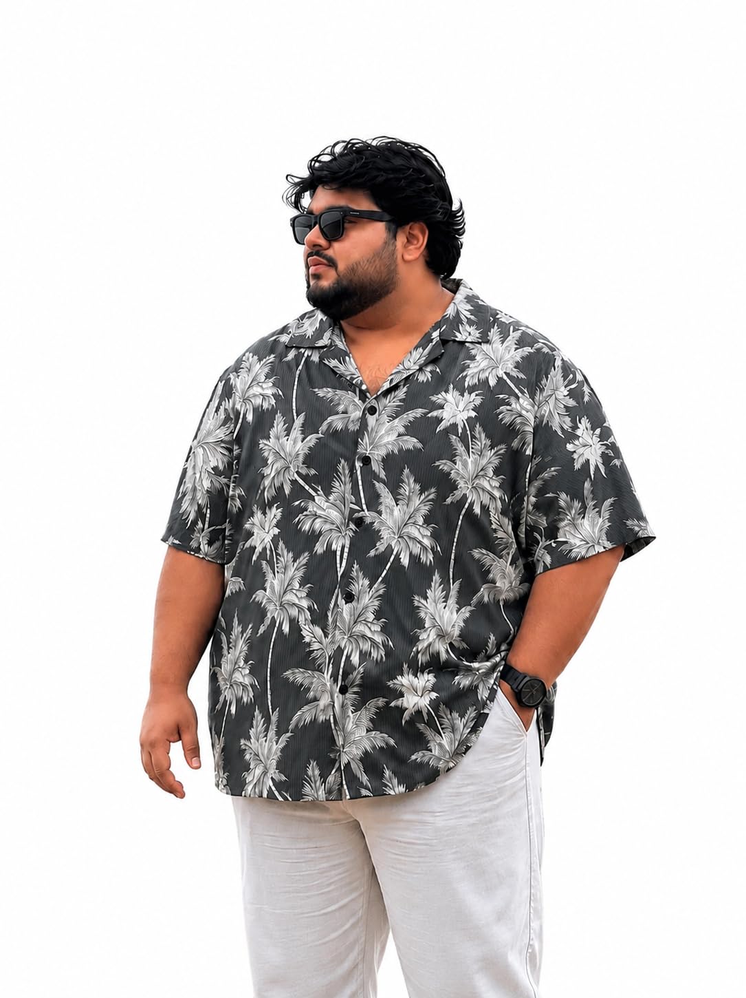 Men's Printed Shirt, Half Sleeve, Palm Tree Print, Dark Grey, Plus Size, Casual Beach Style-picture-23