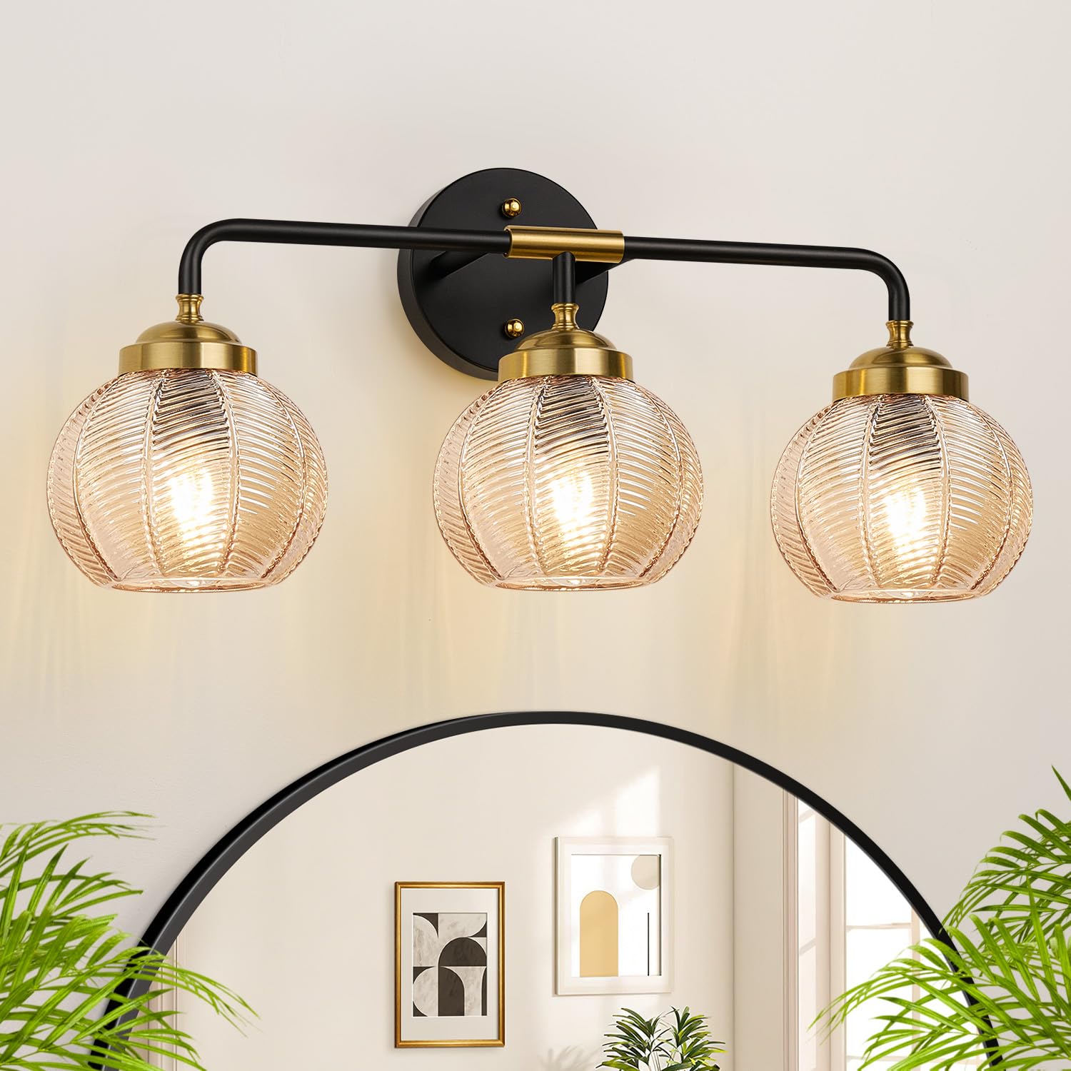 Photo 1 of MOKATNG 3-Light Amber Glass Vanity Light Fixture