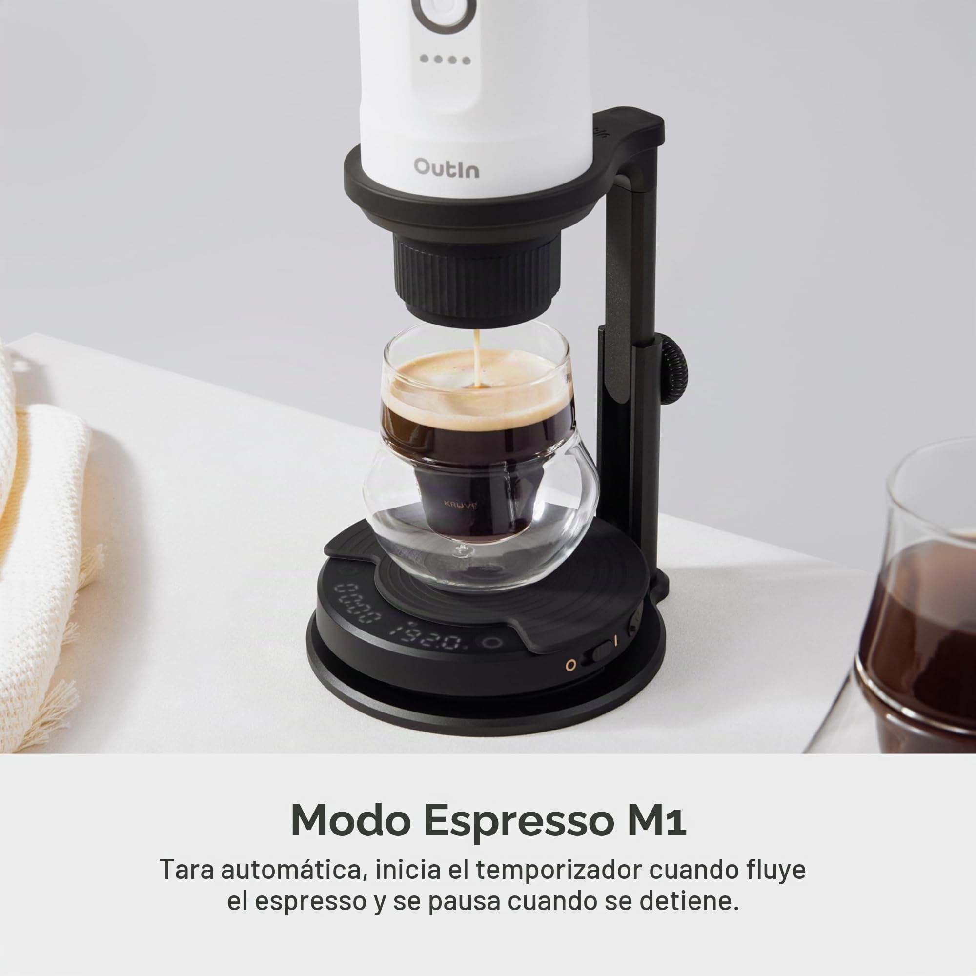 OutIn Claro Báscula Portátil para Café, Medición 2 kg/0,1 g de Alta Precisión, Modo Pour Over con Temporizador, Recargable con Bolsa Protectora