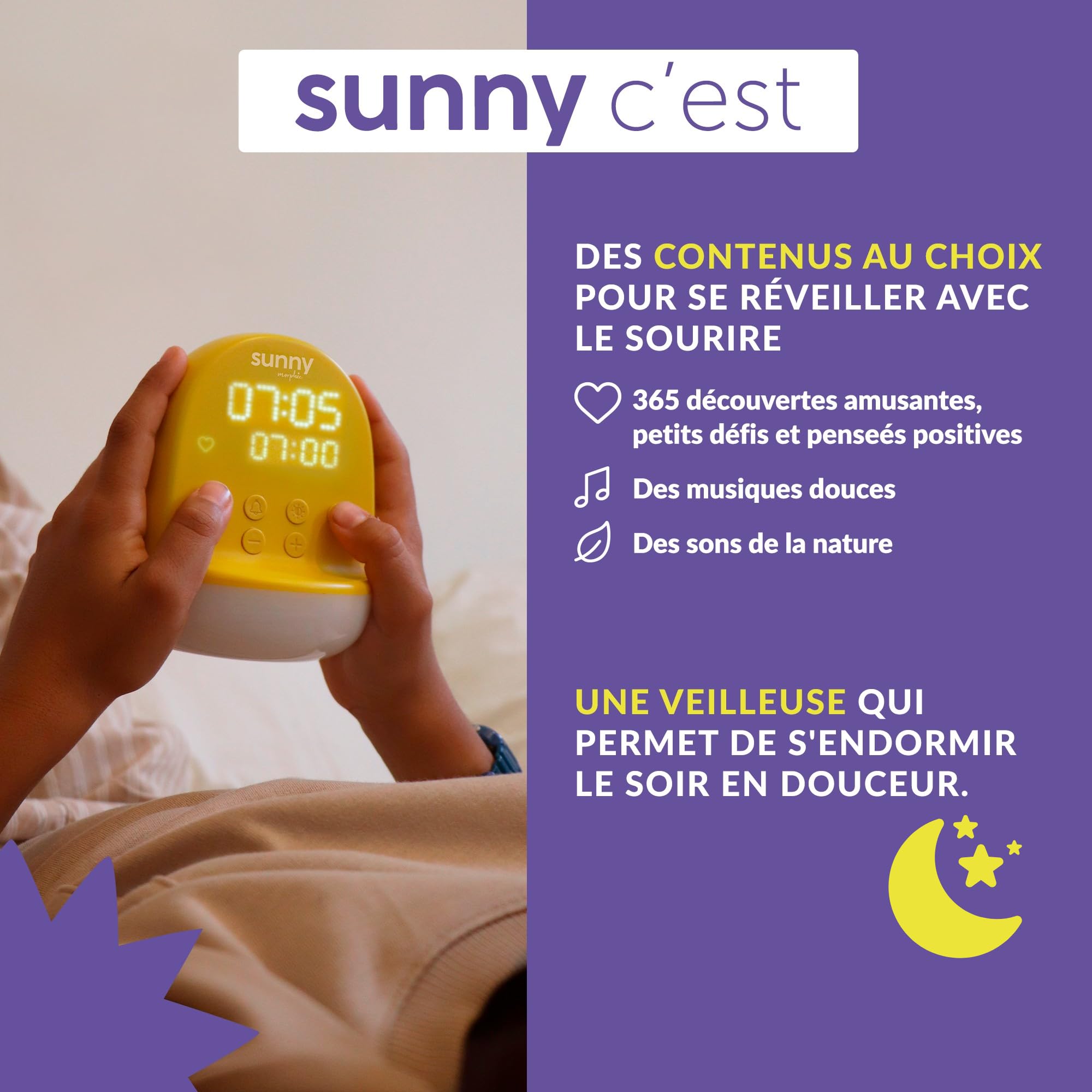 Sunny Morphée Réveil Enfant 365 Découvertes Audio Veilleuse Jour/Nuit 3-10 Ans Prise Secteur