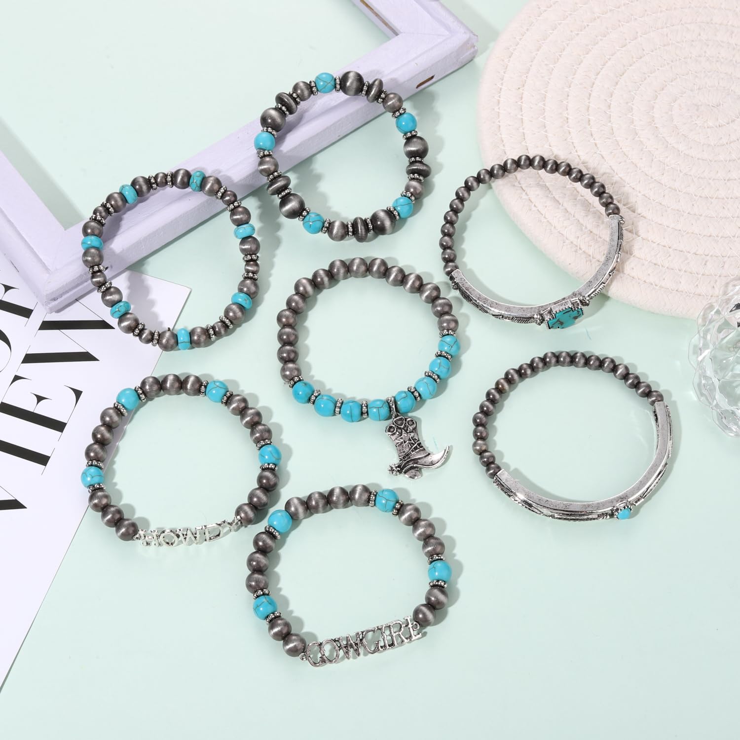 Pulsera de turquesa occidental, pulsera apilable hecha a mano con piedras preciosas para mujer, regalo de cumpleaños de Navidad, Plata, No es una piedra preciosa 7