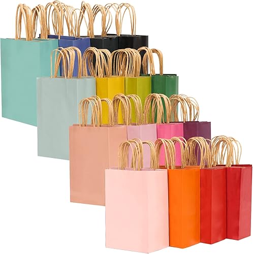 qiqee Paquete de 60 bolsas de papel con asas a granel de 7.6 x 4.75 x 10.5 pulgadas, bolsas de regalo medianas de 16 bolsas diferentes de colores qiqee Paquete de 60 bolsas de papel con asas a granel de 7.6 x 4.75 x 10.5 pulgadas, bolsas de regalo medianas de 16 bolsas diferentes de colores