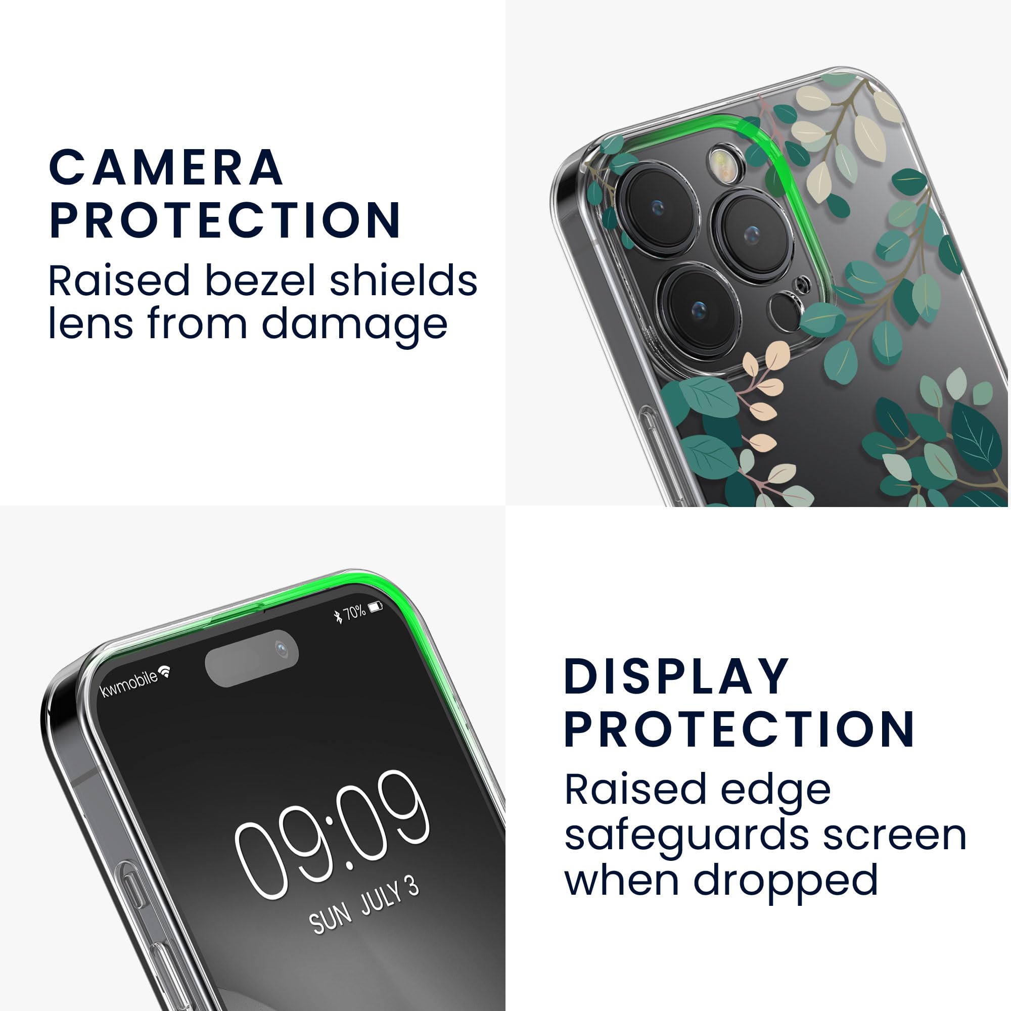 kwmobile Clear Case and Screen Protector Compatible with Apple iPhone 15 Pro Max Case - Spring Leaves Green/Transparent - Image 3