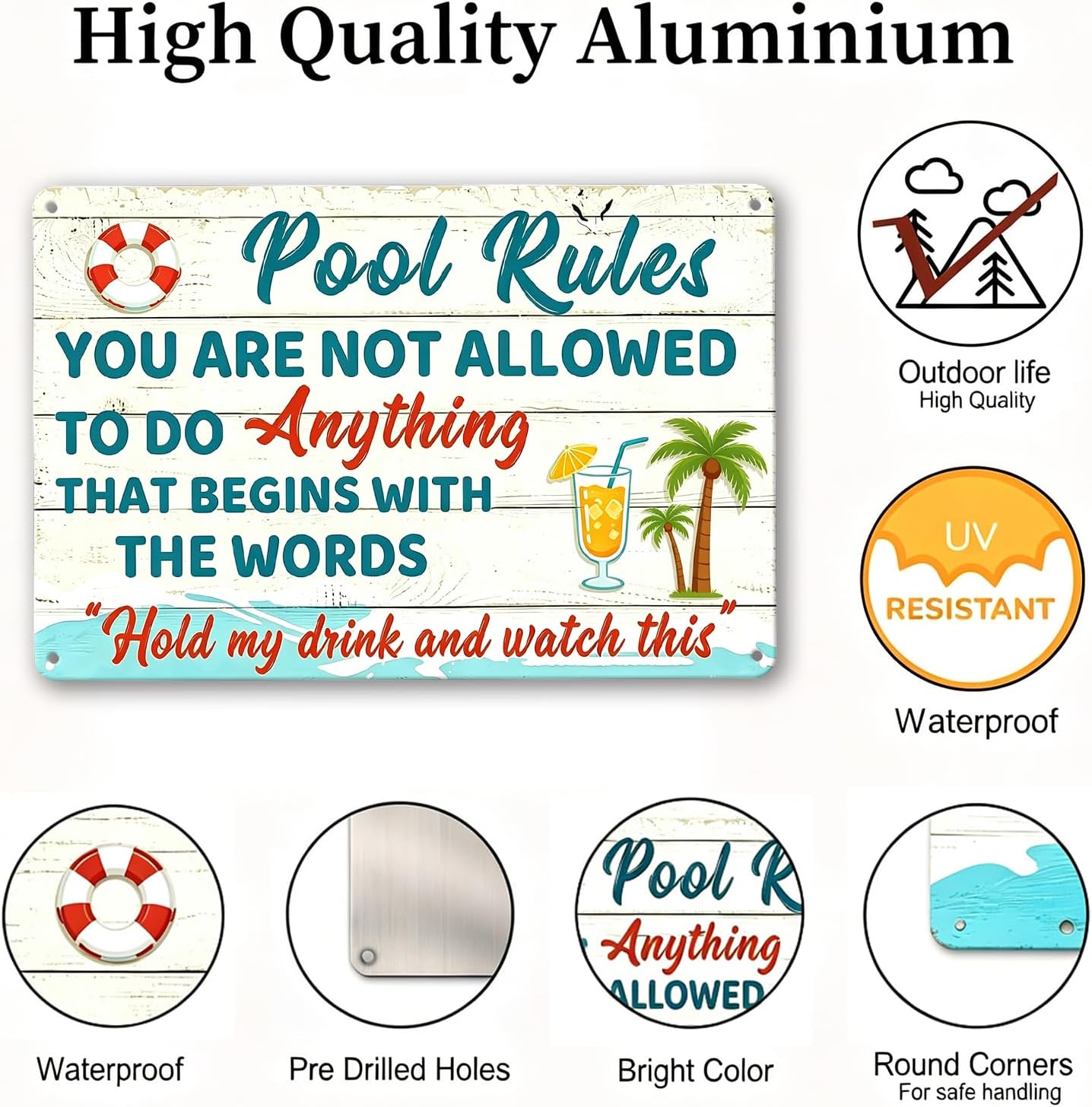 Pool Rules Metal Sign Funny Hold My Drink Tropical Plaque 12x8Inch image 2