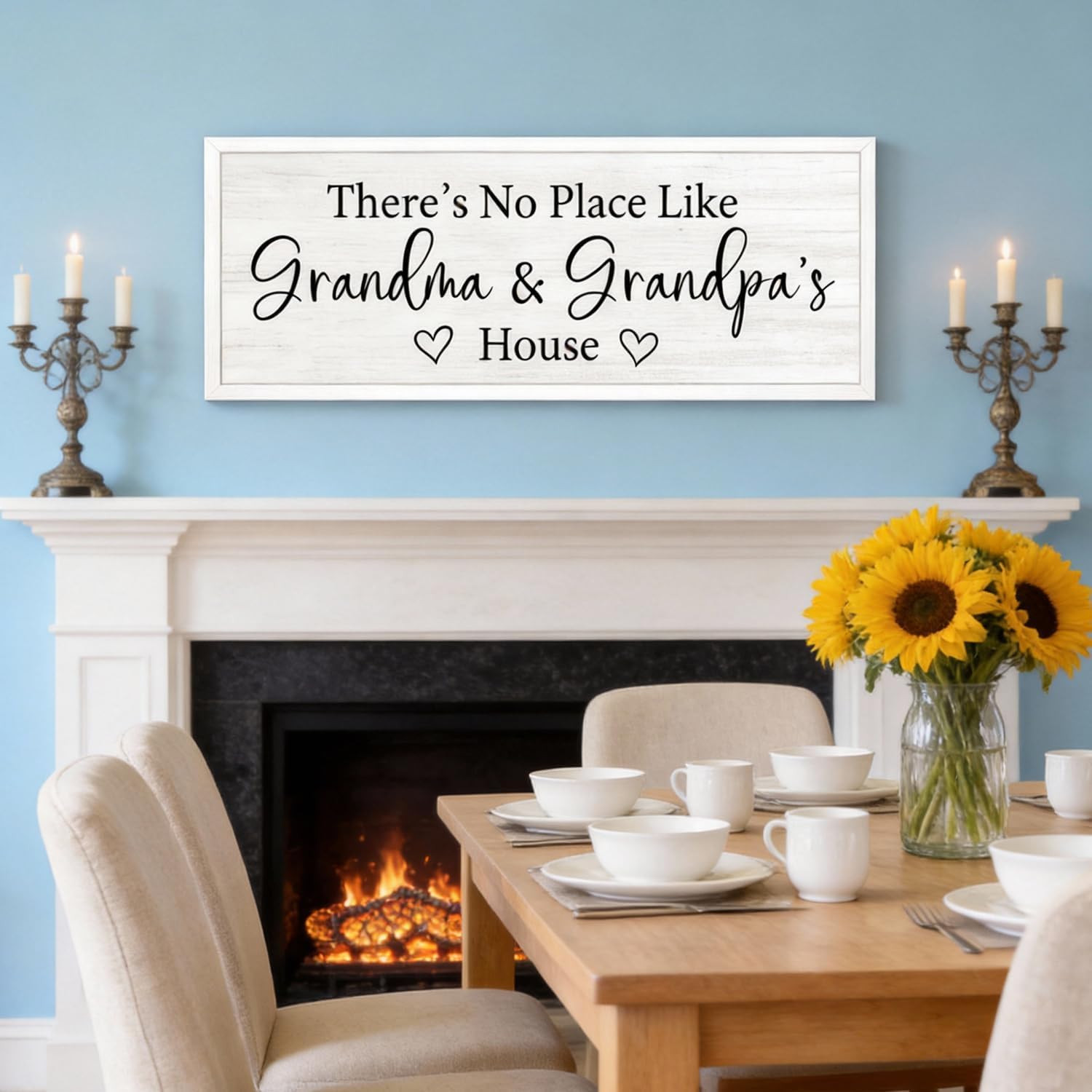 There’s No Place Like Grandma and Grandpa’s House Wall Decor: 32x12 Inch Framed Wooden Family Quote Sign, Rustic Farmhouse Wall Art for Grandparents’ Home, Living Room or Entryway, White