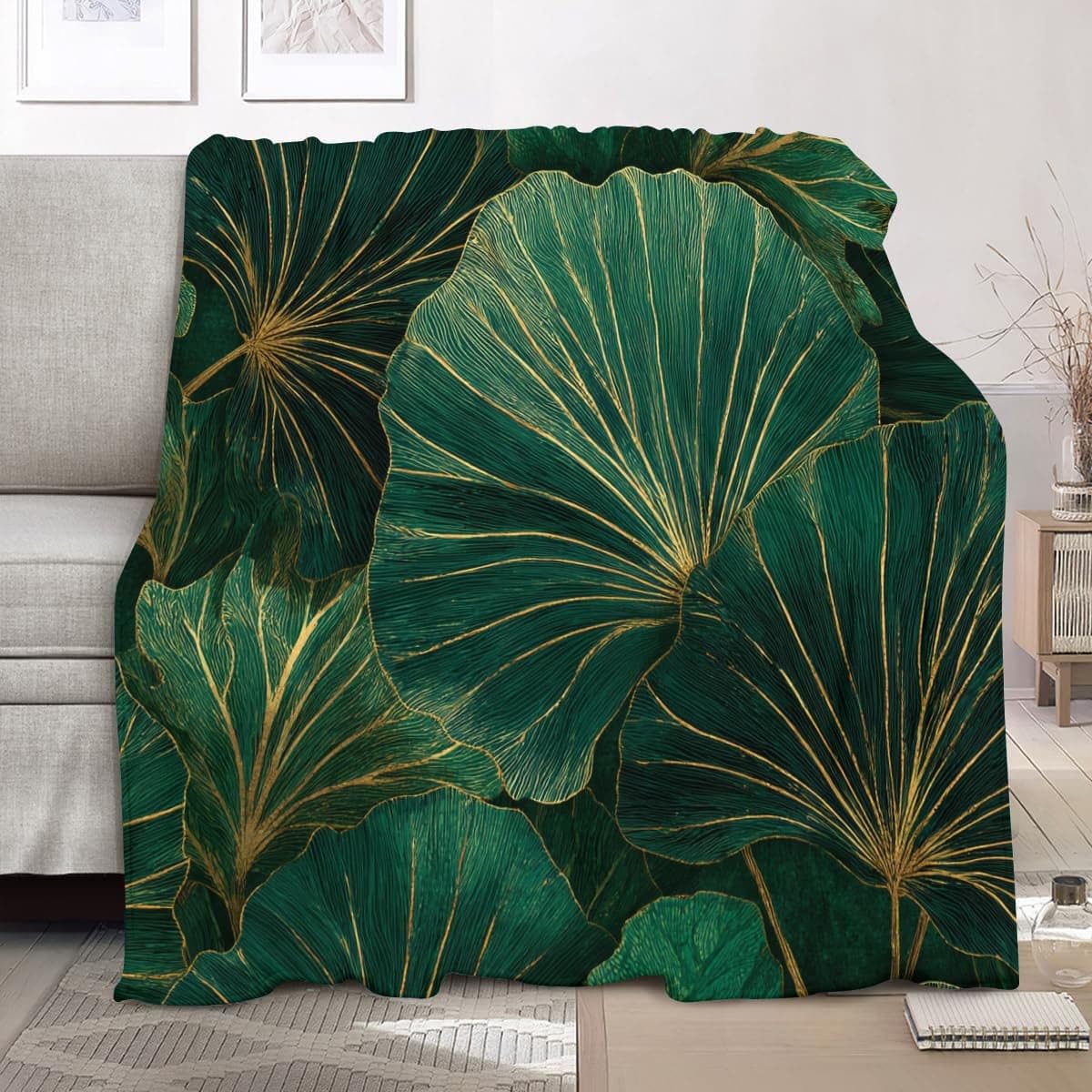 Generico Lekki antystatyczny koc wełniany XXL 180 x 220 cm Liść palmowy wzór Super miękki ciemnozielony koc flanelowy na łóżko sofa biuro ochraniacz na kolana łóżko samochód kemping plaża