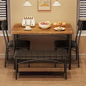 GarveeHome Dining Table Set for 4, Kitchen Table with Upholstered Chairs and Bench, Wood Rectangular Dining Table and Chairs Set for Small Space, Apartment, Dinner, Rustic Brown