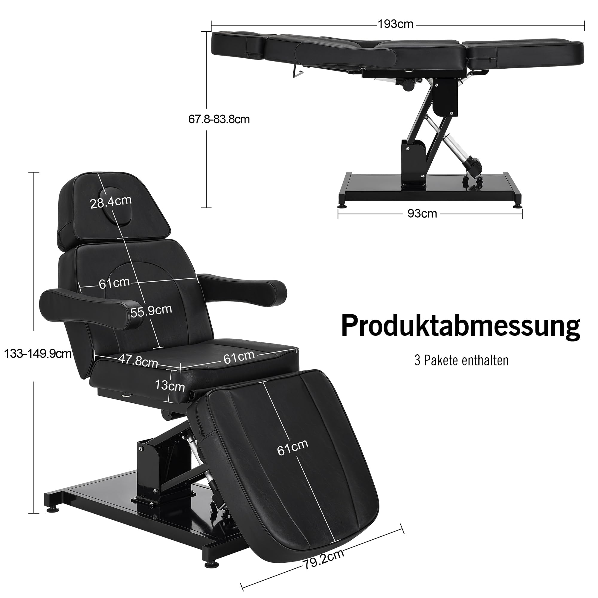 Kosmetikliege Elektrisch, Massageliege Klappbar, Tattoo Liege mit 3 Motoren, Massageliege Elektrisch für SPA Salon 2782 (Schwarz)