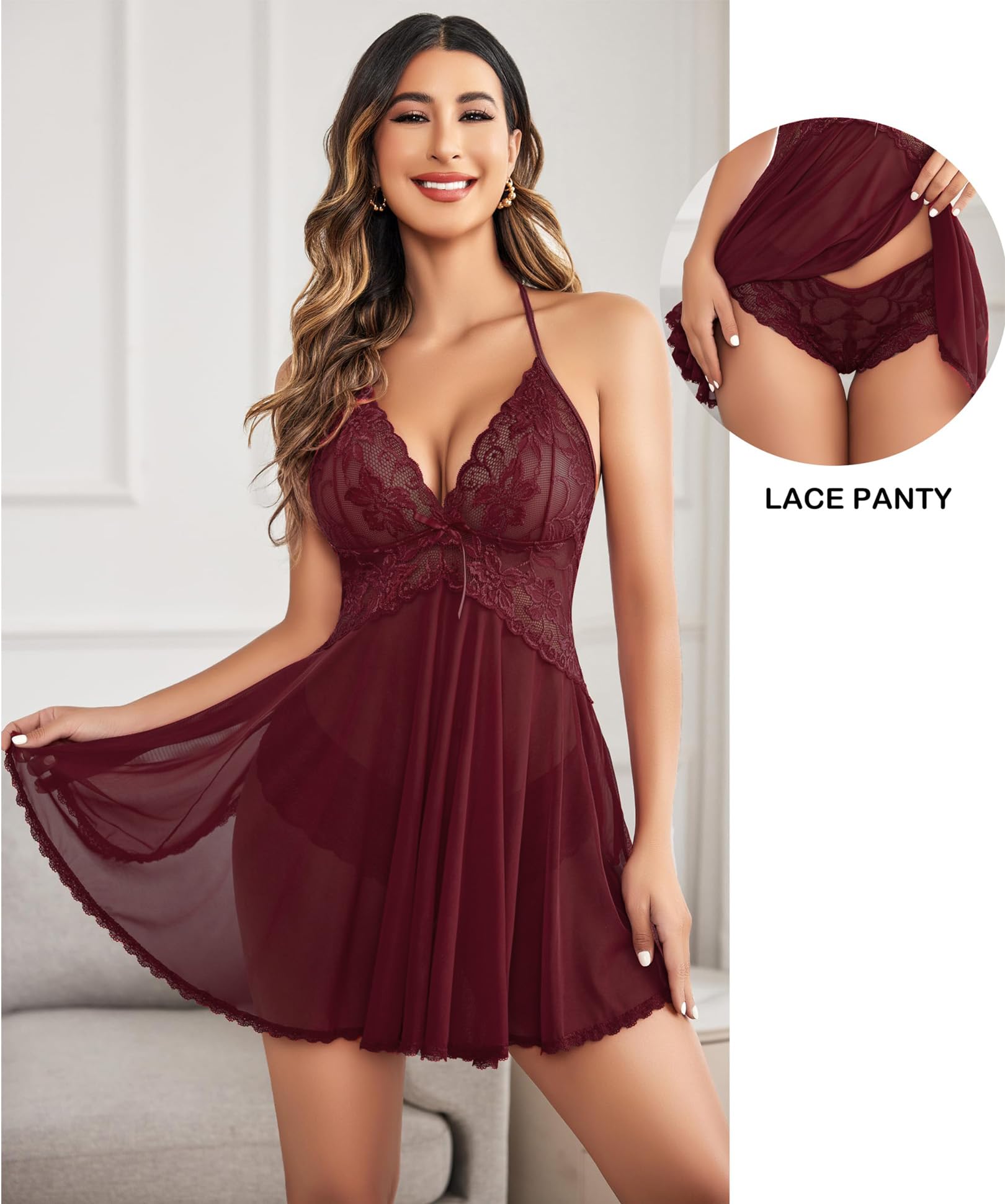 GXNRHG Lingerie pour Femmes Dentelle Nuisette Licou Chemise col en V Chemise de Nuit vêtements de Nuit Sexy Chemise de Nuit