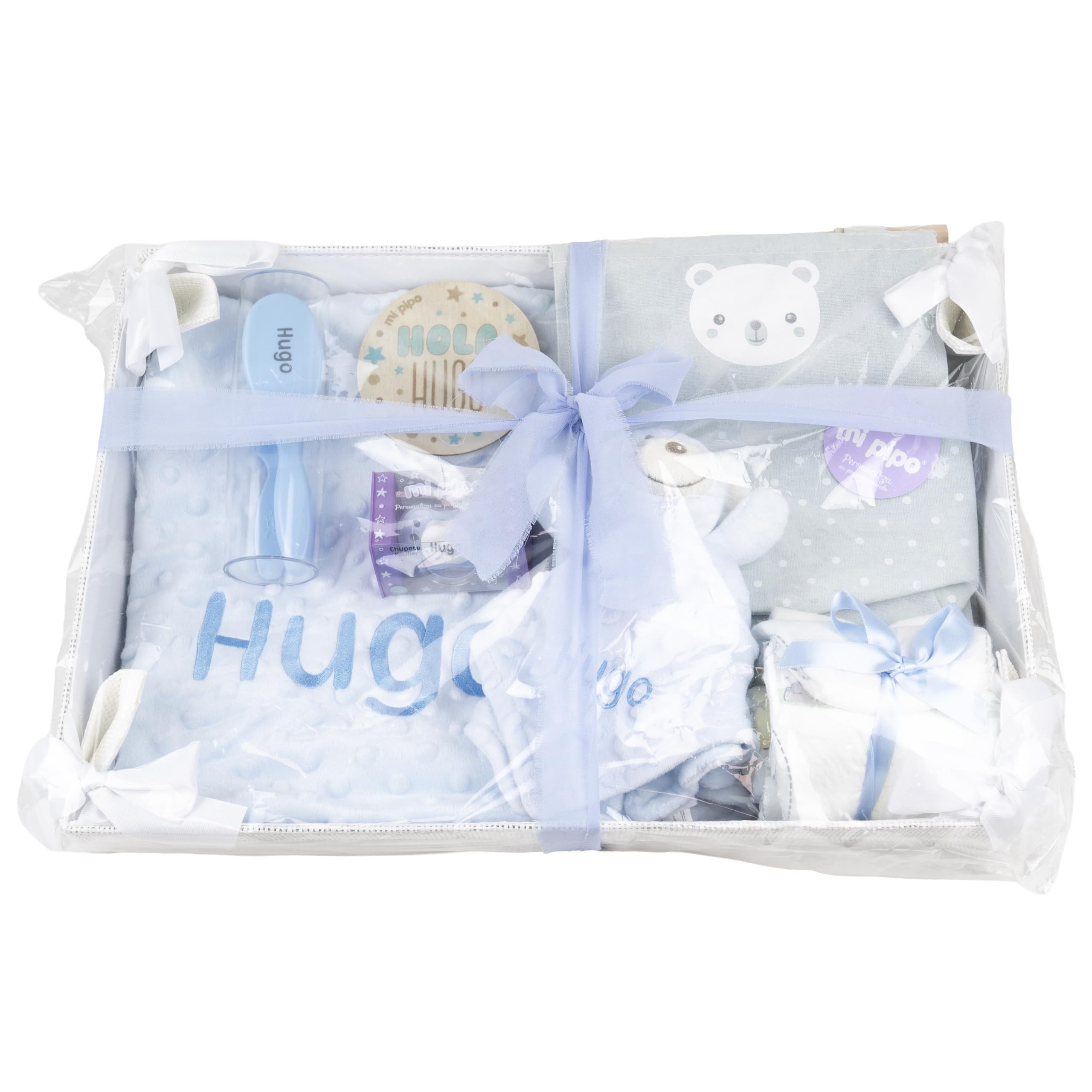 Canastilla Bebe Personalizada Azul | Cesta Bebe Recien Nacido con Manta, Doudou, Chupete, Pañales y Accesorios | Set Regalo Nacimiento Completo, Nombre Bordado, Poliéster