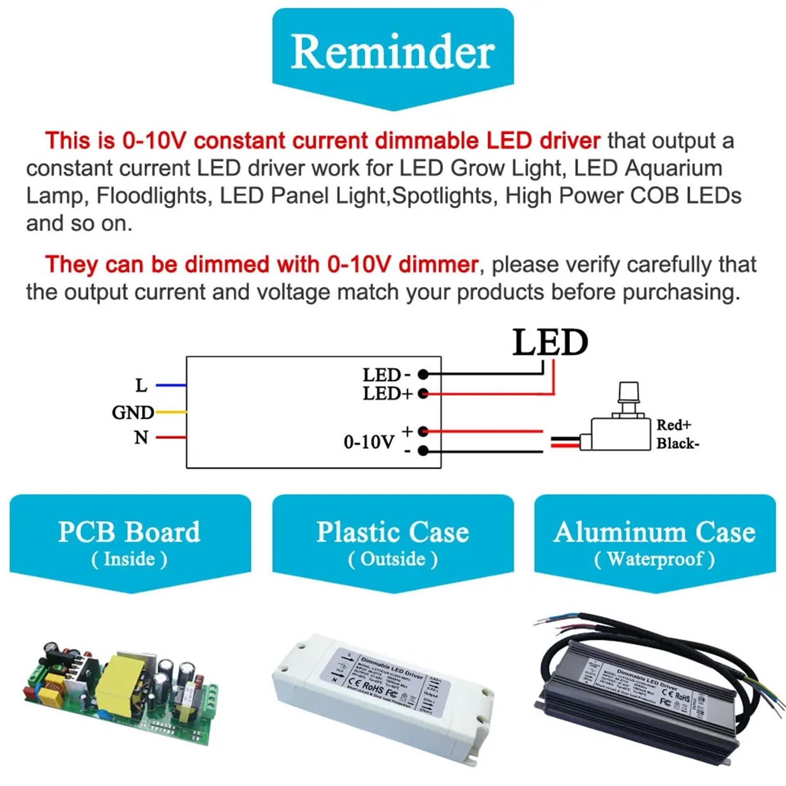 Zmienny sterownik LED 0-10 V, 1 W, 3 W, 5 W, 10 W, 20 W, 30 W, 50 W, 100 W, 150 W, 200 W, 3000 mA 27-42 V (100 W), plastikowa obudowa)