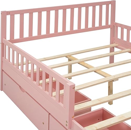 Miniatura 34 de Moderna plataforma de tamaño matrimonial con cabecera de almacenamiento y barandilla de seguridad para niños, plataforma de madera funcional con luz