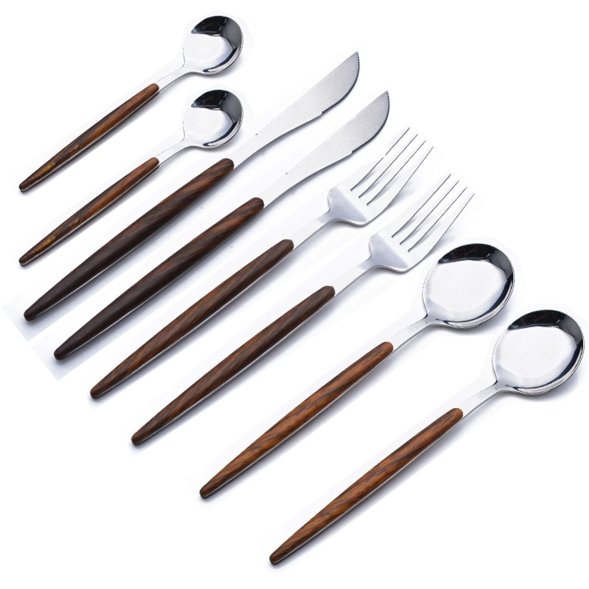 10 Pieces Flatware Set with Wooden Handle, Stainless Steel Flatware Cutlery Set for Home and Restaurant, Travel Camping Cutlery Set, Kitchen Utensil Sets Include Knife Fork Spoon (Silver)