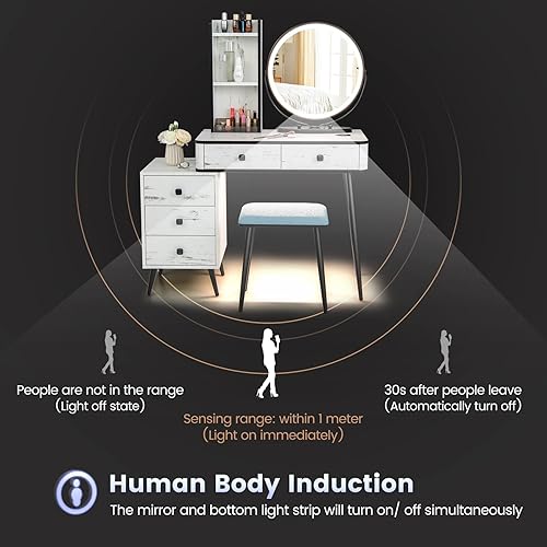 Miniatura 4 de GOFLAME Juego de mesa de tocador con espejo iluminado de 3 colores, mesa de maquillaje y taburete acolchado con cajones, bandeja cosmética acrílica,