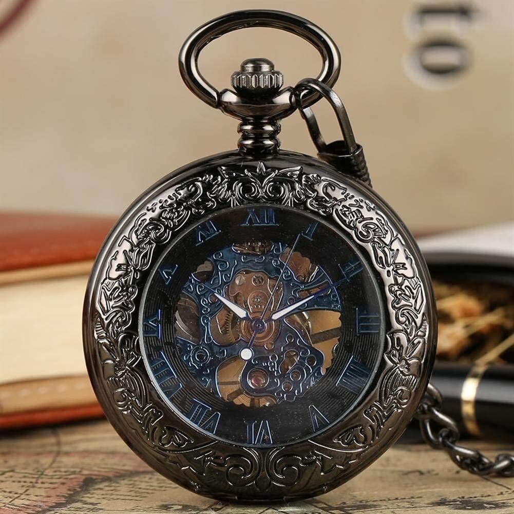 WWART Pocket Watch Creative Black Engraved Pattern Magnifying Glass Gold Roman Alphabet Mechanical Pocket Watch For Birthday Anniversary Day Christmas Fathers Day