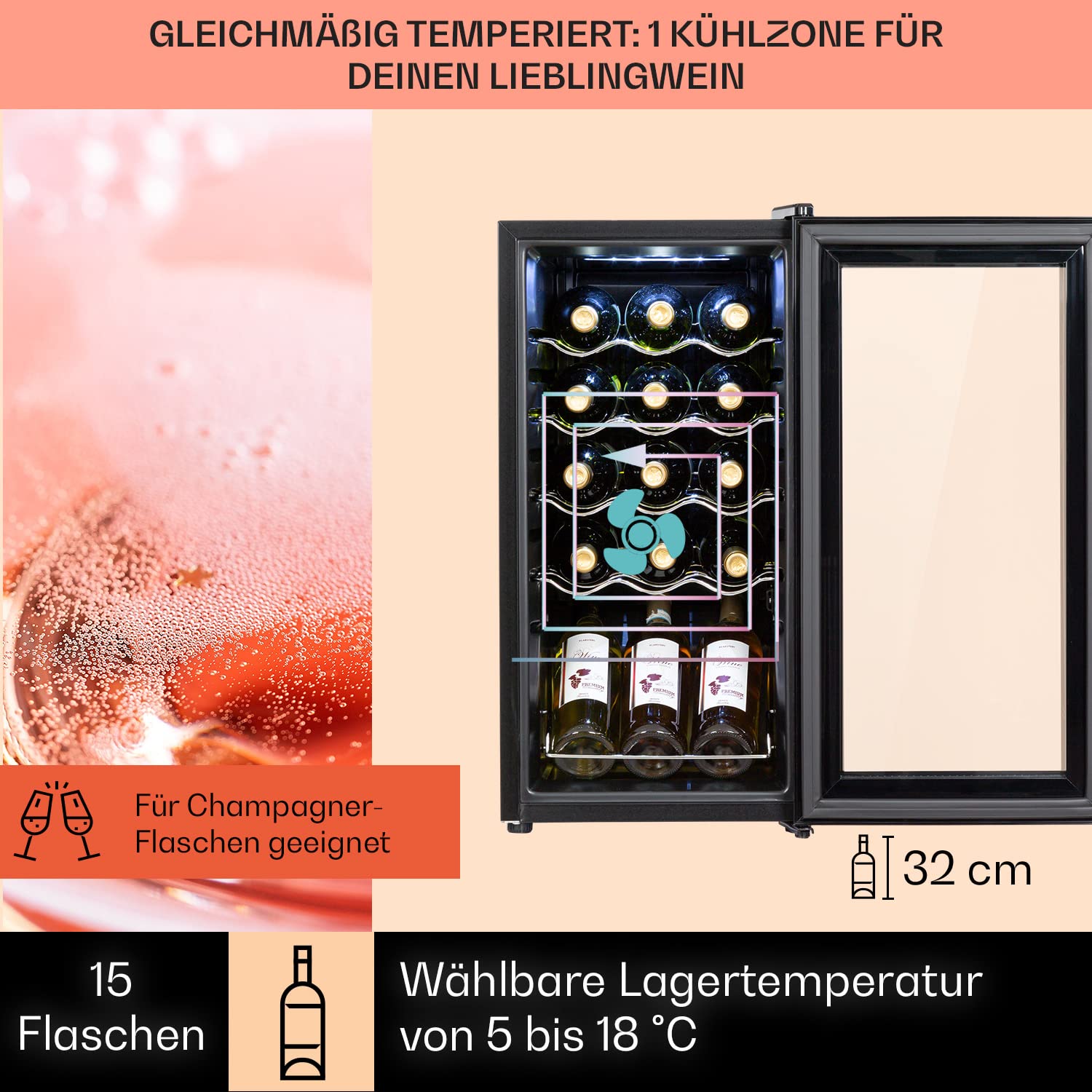 Klarstein Shiraz Weinkühlschrank 15 Flaschen 44 L 1 Zone Getränkekühlschrank Glastür freistehend LED Edelstahlrahmen