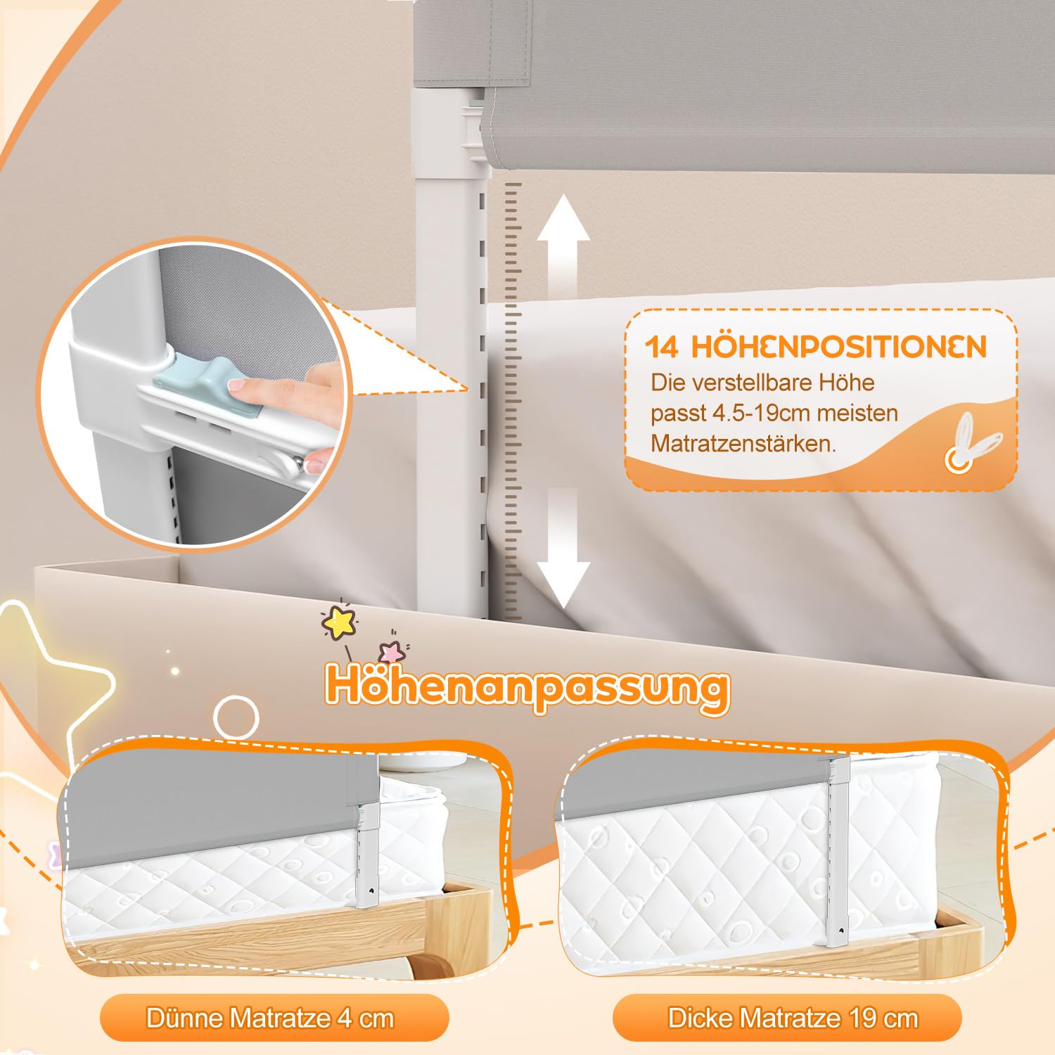 Bettgitter Rausfallschutz Bett, Rausfallschutz Boxspringbett 200cm, höhenverstellbar 72-86 cm, zusammenklappbar um 180 Grad, luftiges Netz, einfache Montage, Grau