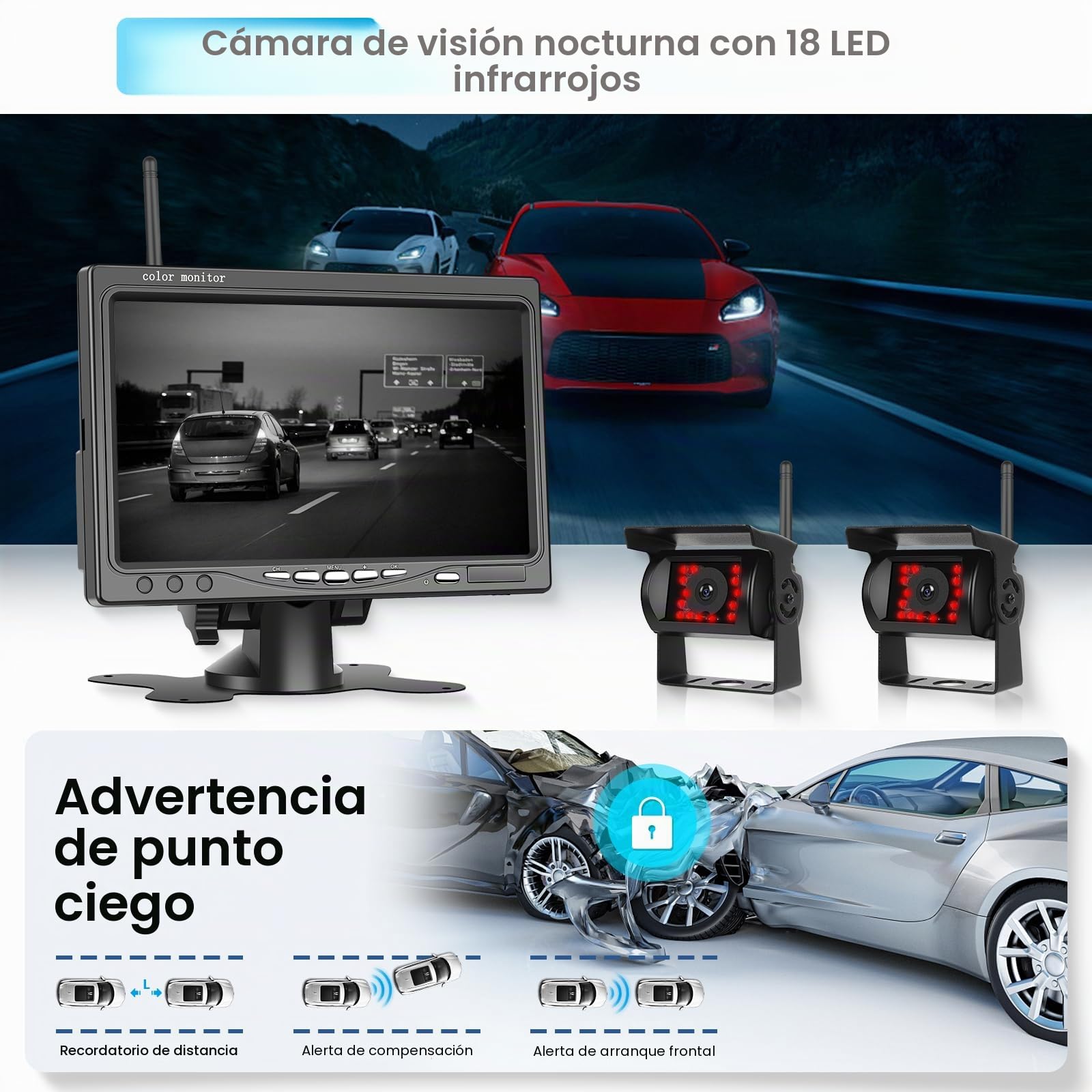 Camara Marcha Atras, 2 Cámaras Visión Trasera Inalámbrica Gran Angular con Visión Nocturna Impermeable Cámara Trasera Coche, Kit de Monitor 7 Pulgadas para Camiones, Furgonetas, Vehículos Remolque