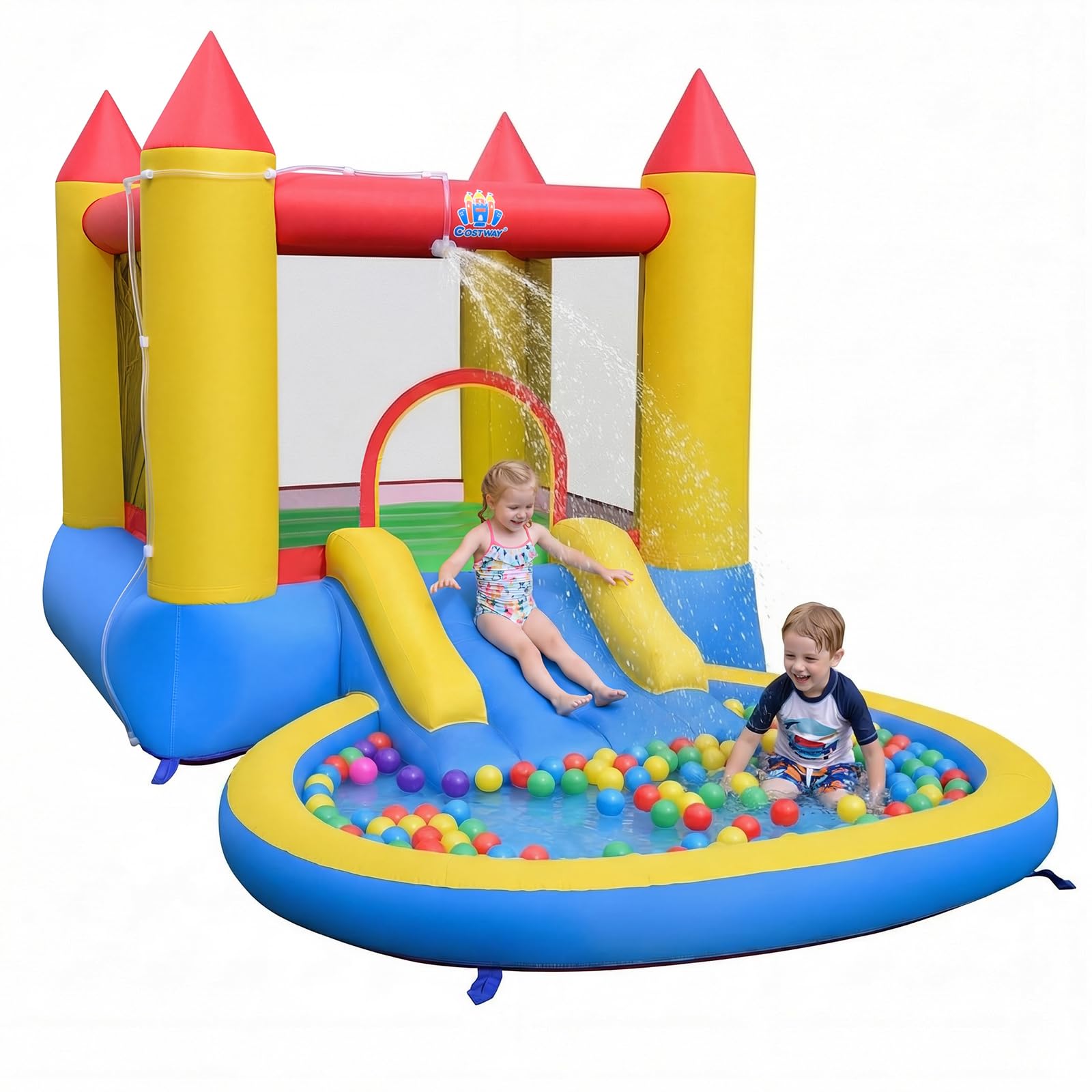 COSTWAY Castillo Hinchable para Niños, Parque Acuático Infantil con Zona de Saltos, Tobogán, Piscina de Chapoteo y Bolas, Casa de Juegos para 3-12 Años Jardín Patio (sin soplador)