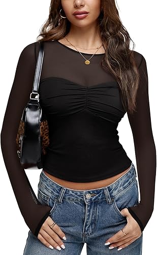 REORIA Womens 2025 Lace Long Sleeve Tops Sexy Mesh Sheer Y2k V Neck Shirts See Through Blouses Black Small