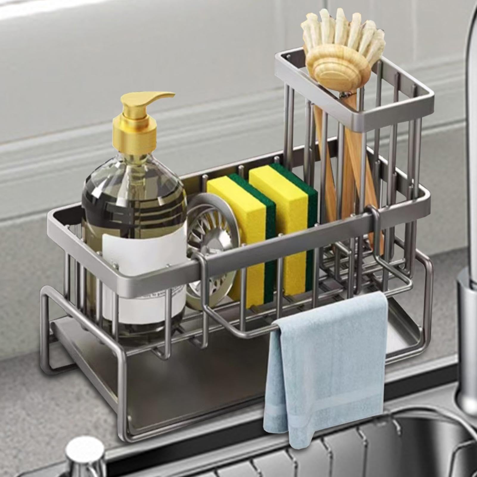 Porta Spugna E Organizer Da Cucina In Metallo Antiscivolo – 3 Scomparti, Fissaggio Al Rubinetto, Acciaio Anti-ruggine, Dimensioni 16,5x13,5x12,5 Cm