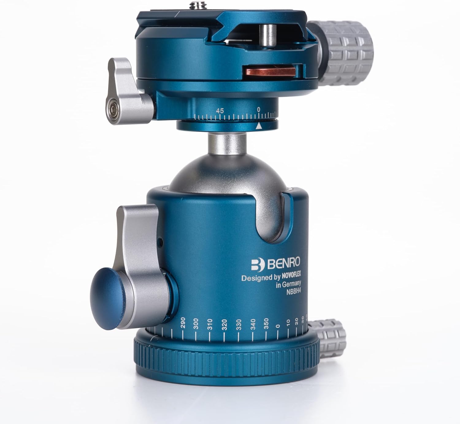 Side view of the Benro NOVOFLEX NBBH4 Ball Head showing the main ball lock lever and the pan lock knob.